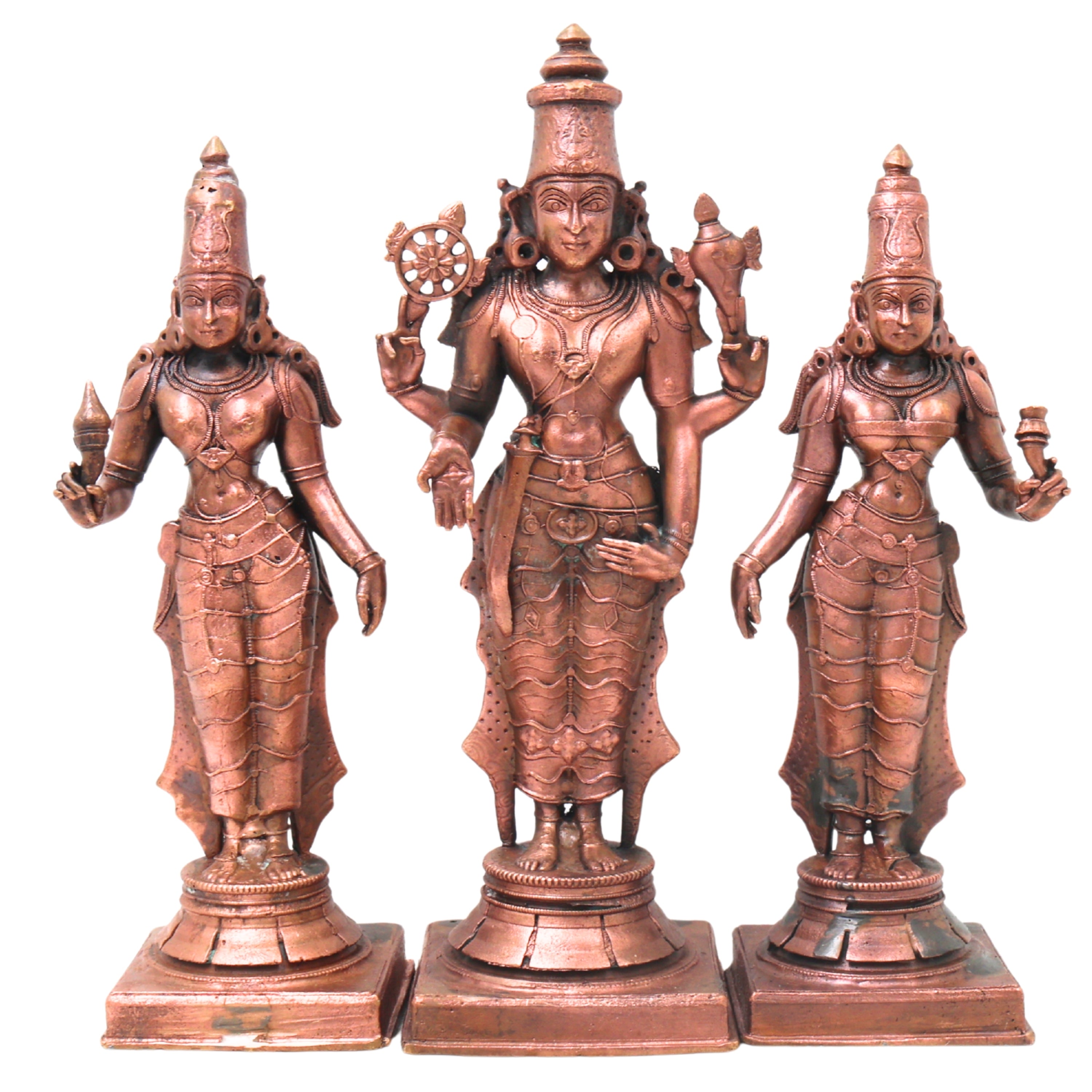 Copper Vishnu Shridevi Bhudevi Idol, Handcrafted Sriman Narayana Perumal Murti for Pooja, Decor & Gifting, Brown, 9 Inch, 1 Piece