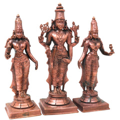 Copper Vishnu Shridevi Bhudevi Idol, Handcrafted Sriman Narayana Perumal Murti for Pooja, Decor & Gifting, Brown, 9 Inch, 1 Piece