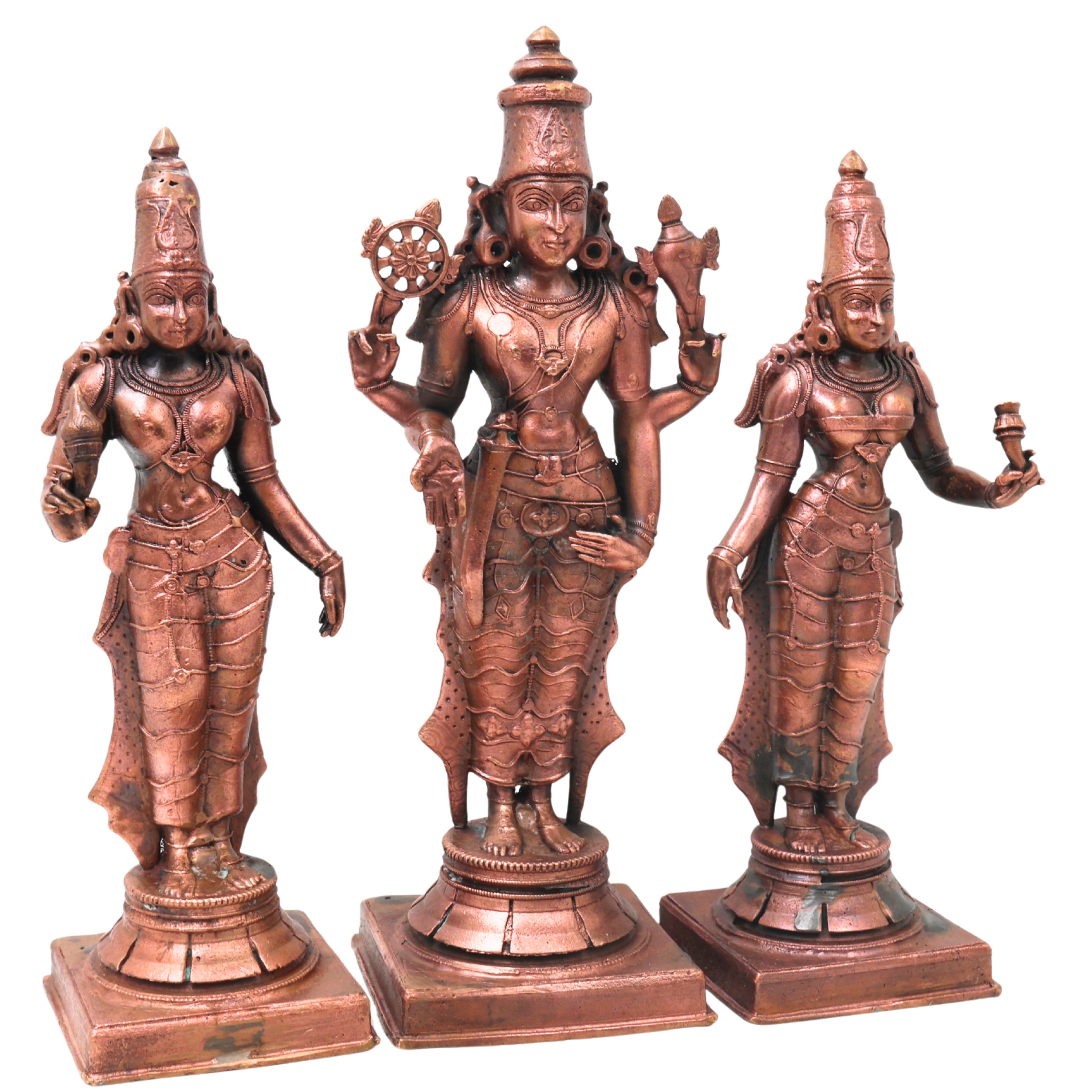 Copper Vishnu Shridevi Bhudevi Idol, Handcrafted Sriman Narayana Perumal Murti for Pooja, Decor & Gifting, Brown, 9 Inch, 1 Piece