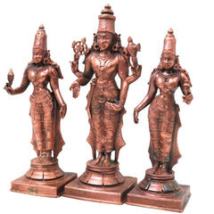 Copper Vishnu Shridevi Bhudevi Idol, Handcrafted Sriman Narayana Perumal Murti for Pooja, Decor & Gifting, Brown, 9 Inch, 1 Piece