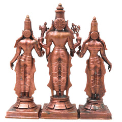 Copper Vishnu Shridevi Bhudevi Idol, Handcrafted Sriman Narayana Perumal Murti for Pooja, Decor & Gifting, Brown, 9 Inch, 1 Piece