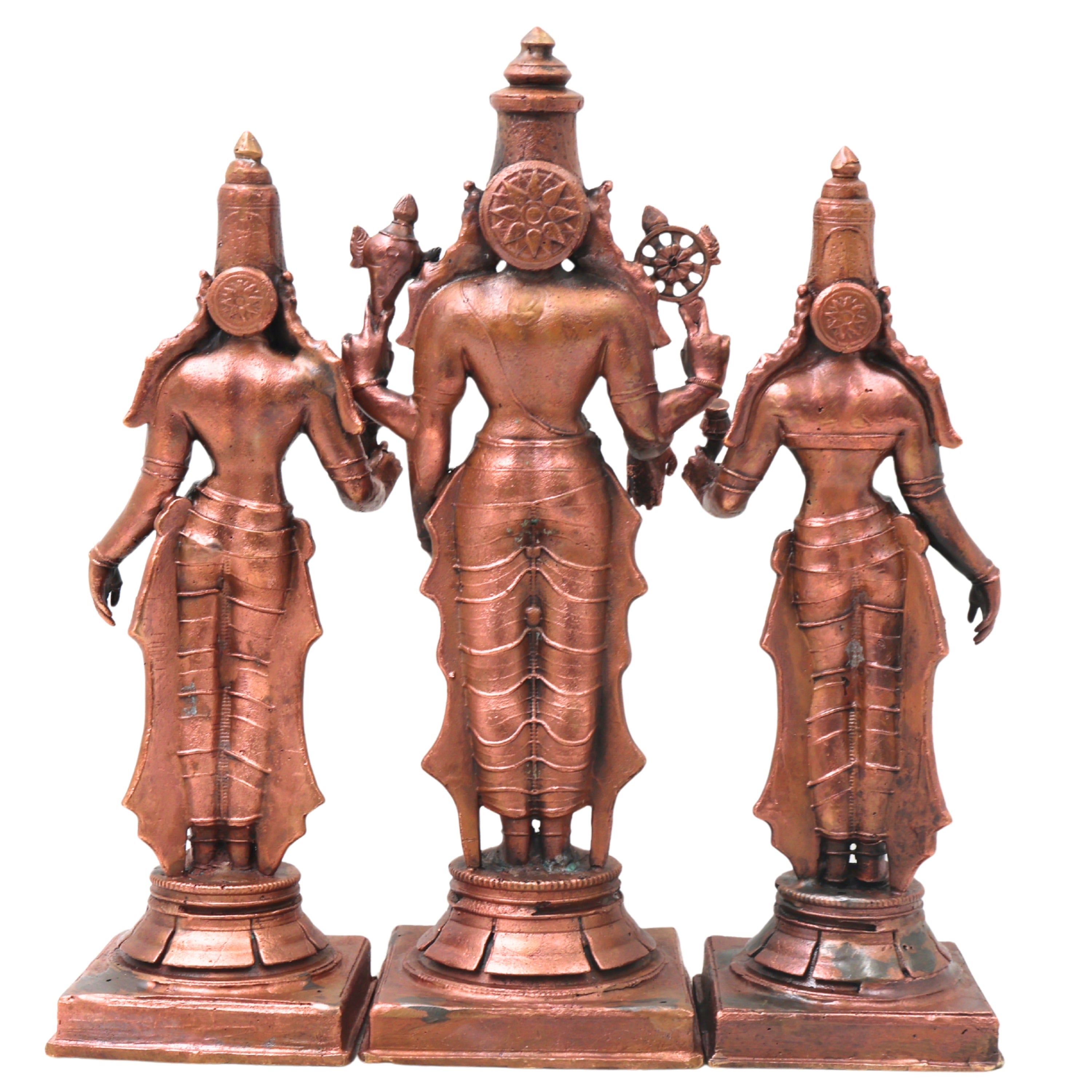 Copper Vishnu Shridevi Bhudevi Idol, Handcrafted Sriman Narayana Perumal Murti for Pooja, Decor & Gifting, Brown, 9 Inch, 1 Piece