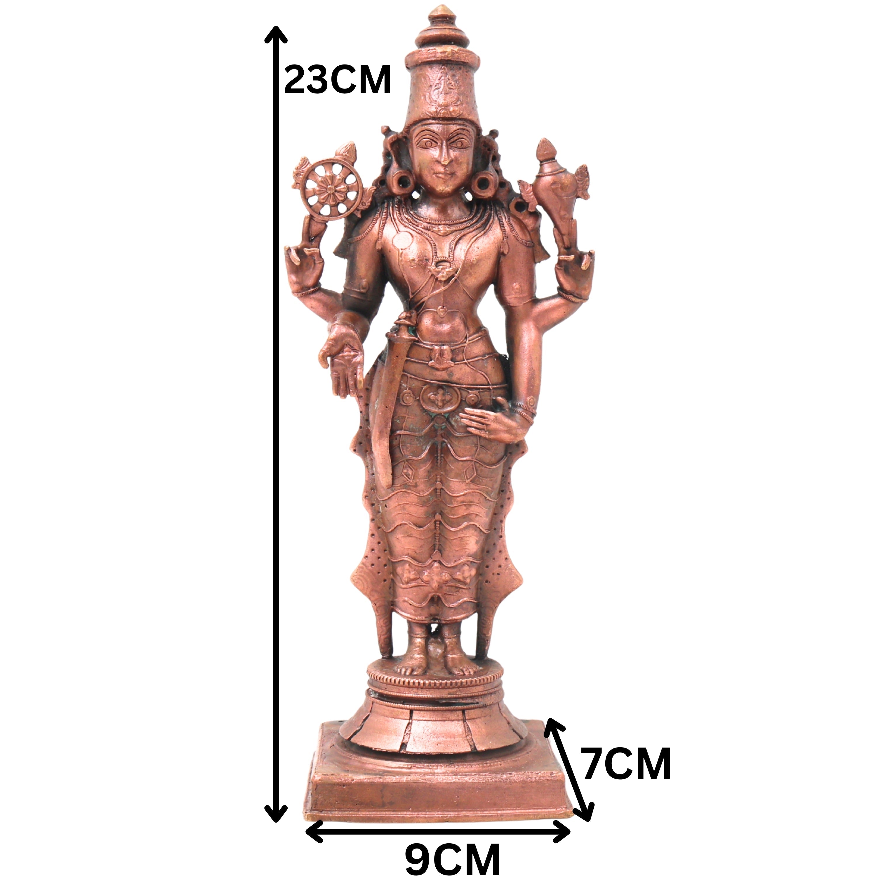 Copper Vishnu Shridevi Bhudevi Idol, Handcrafted Sriman Narayana Perumal Murti for Pooja, Decor & Gifting, Brown, 9 Inch, 1 Piece