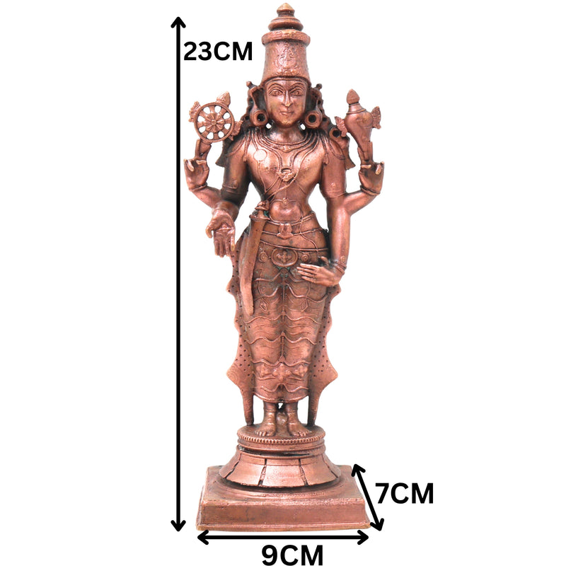 Copper Vishnu Shridevi Bhudevi Idol, Handcrafted Sriman Narayana Perumal Murti for Pooja, Decor & Gifting, Brown, 9 Inch, 1 Piece
