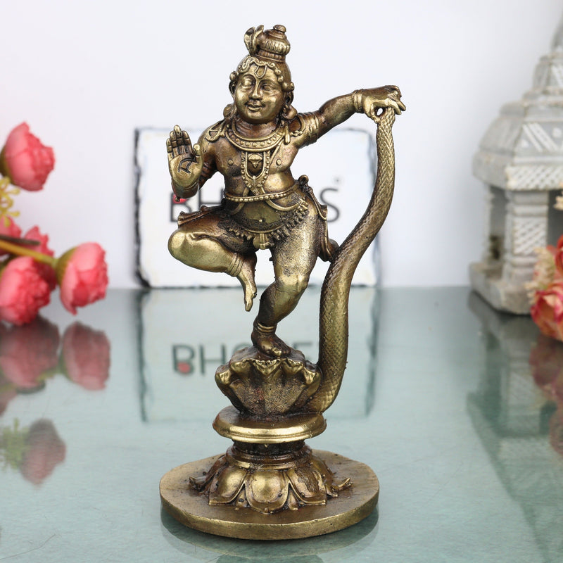 Brass Kaliya Mardana Krishna Idol Handcrafted Govinda Venugopala Traditional Chola Murti for Pooja Decor & Gifting, Gold, 5.5 Inch, 1 Piece
