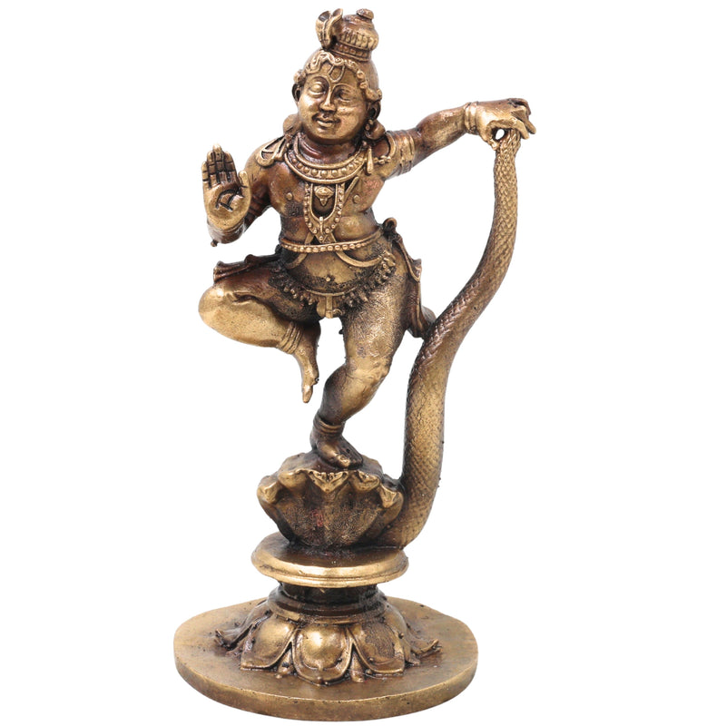 Brass Kaliya Mardana Krishna Idol Handcrafted Govinda Venugopala Traditional Chola Murti for Pooja Decor & Gifting, Gold, 5.5 Inch, 1 Piece