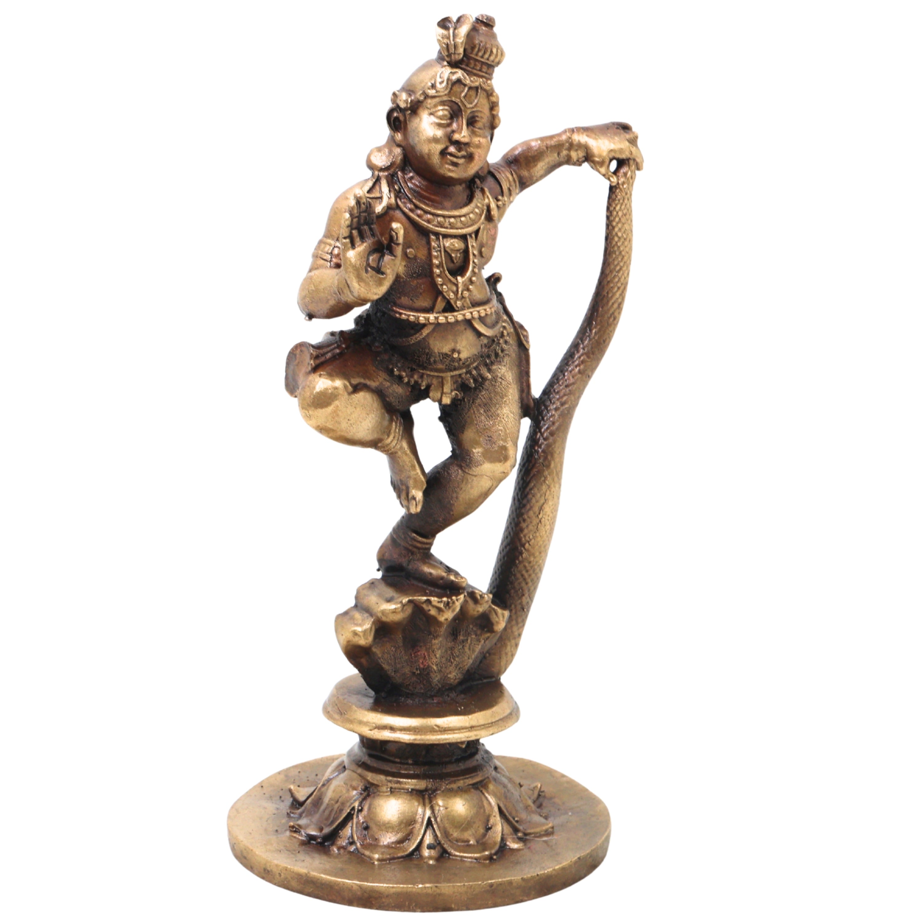 Brass Kaliya Mardana Krishna Idol Handcrafted Govinda Venugopala Traditional Chola Murti for Pooja Decor & Gifting, Gold, 5.5 Inch, 1 Piece