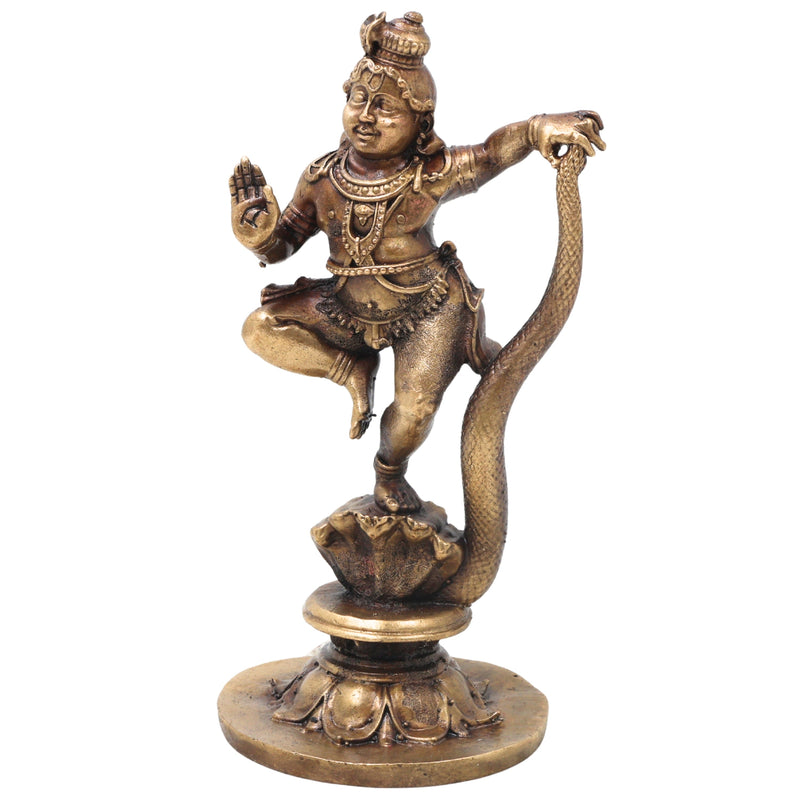 Brass Kaliya Mardana Krishna Idol Handcrafted Govinda Venugopala Traditional Chola Murti for Pooja Decor & Gifting, Gold, 5.5 Inch, 1 Piece