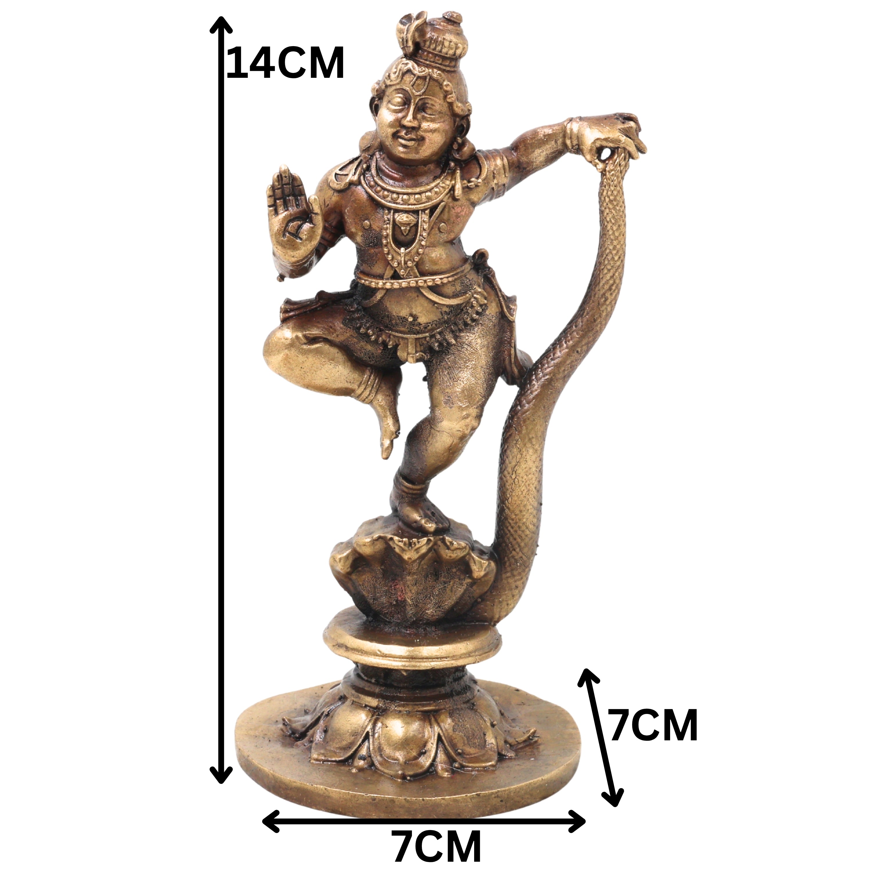 Brass Kaliya Mardana Krishna Idol Handcrafted Govinda Venugopala Traditional Chola Murti for Pooja Decor & Gifting, Gold, 5.5 Inch, 1 Piece