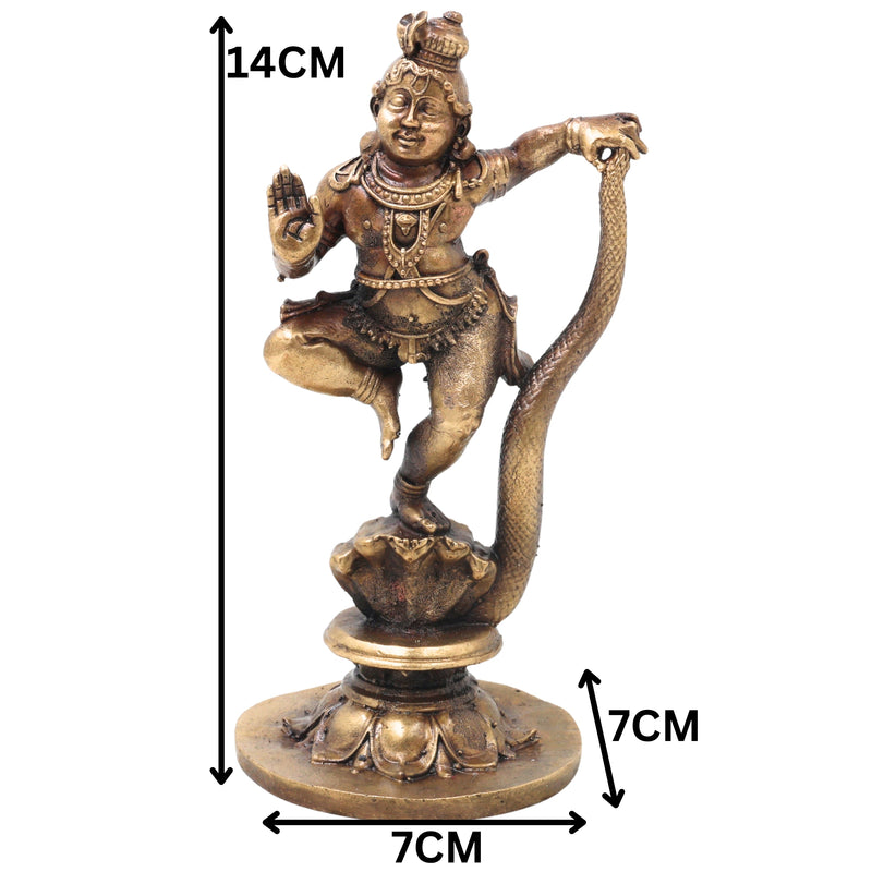 Brass Kaliya Mardana Krishna Idol Handcrafted Govinda Venugopala Traditional Chola Murti for Pooja Decor & Gifting, Gold, 5.5 Inch, 1 Piece