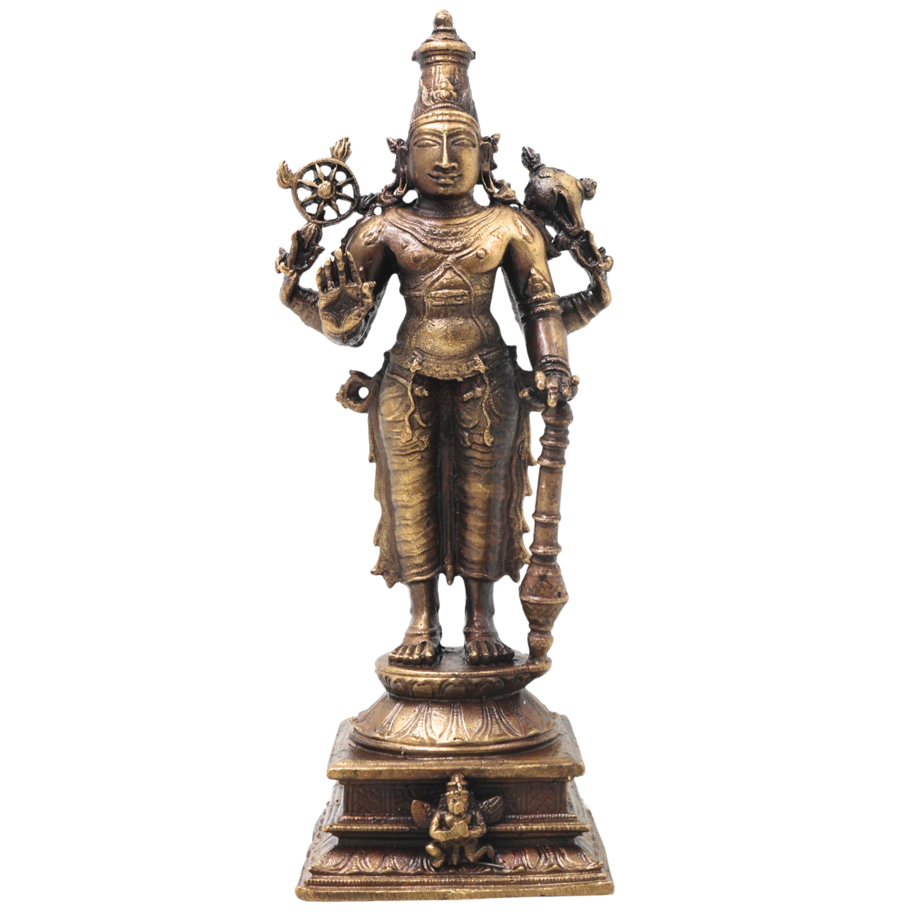 Brass Vishnu Idol Handcrafted Narayana Govinda Murti Traditional Chola Sculpture for Pooja Home Decor Gifting, Gold, 5 Inch, 1 Piece
