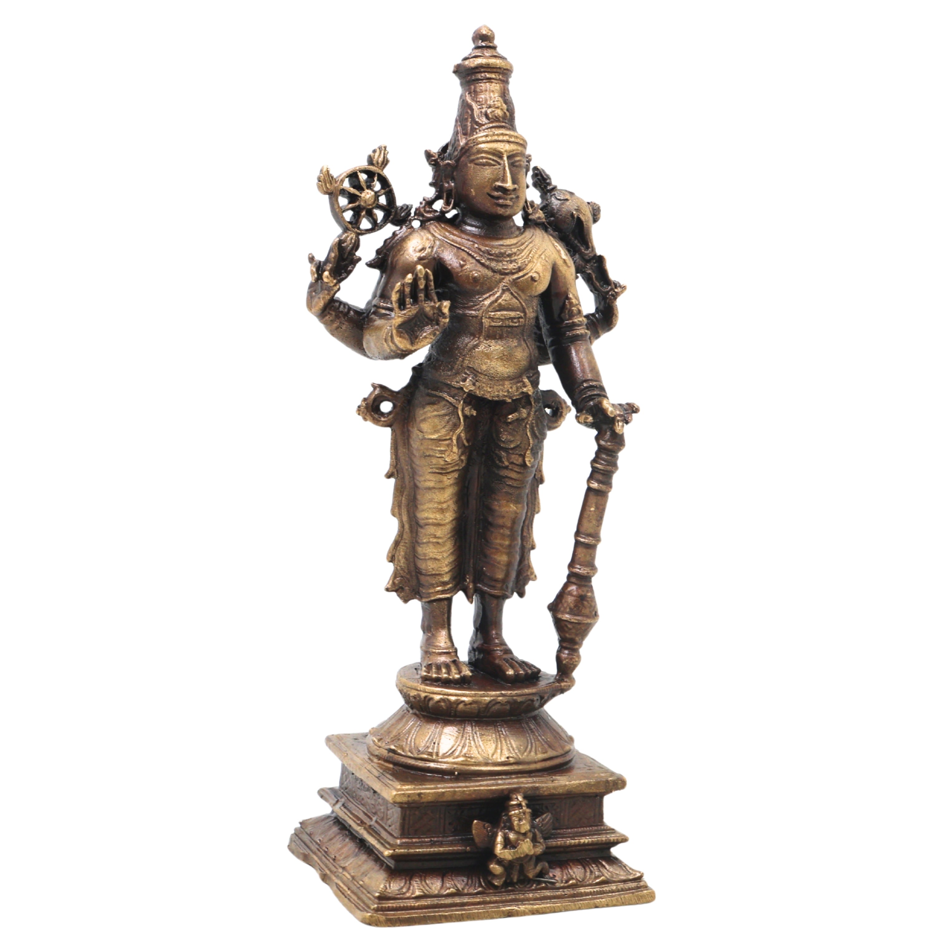 Brass Vishnu Idol Handcrafted Narayana Govinda Murti Traditional Chola Sculpture for Pooja Home Decor Gifting, Gold, 5 Inch, 1 Piece