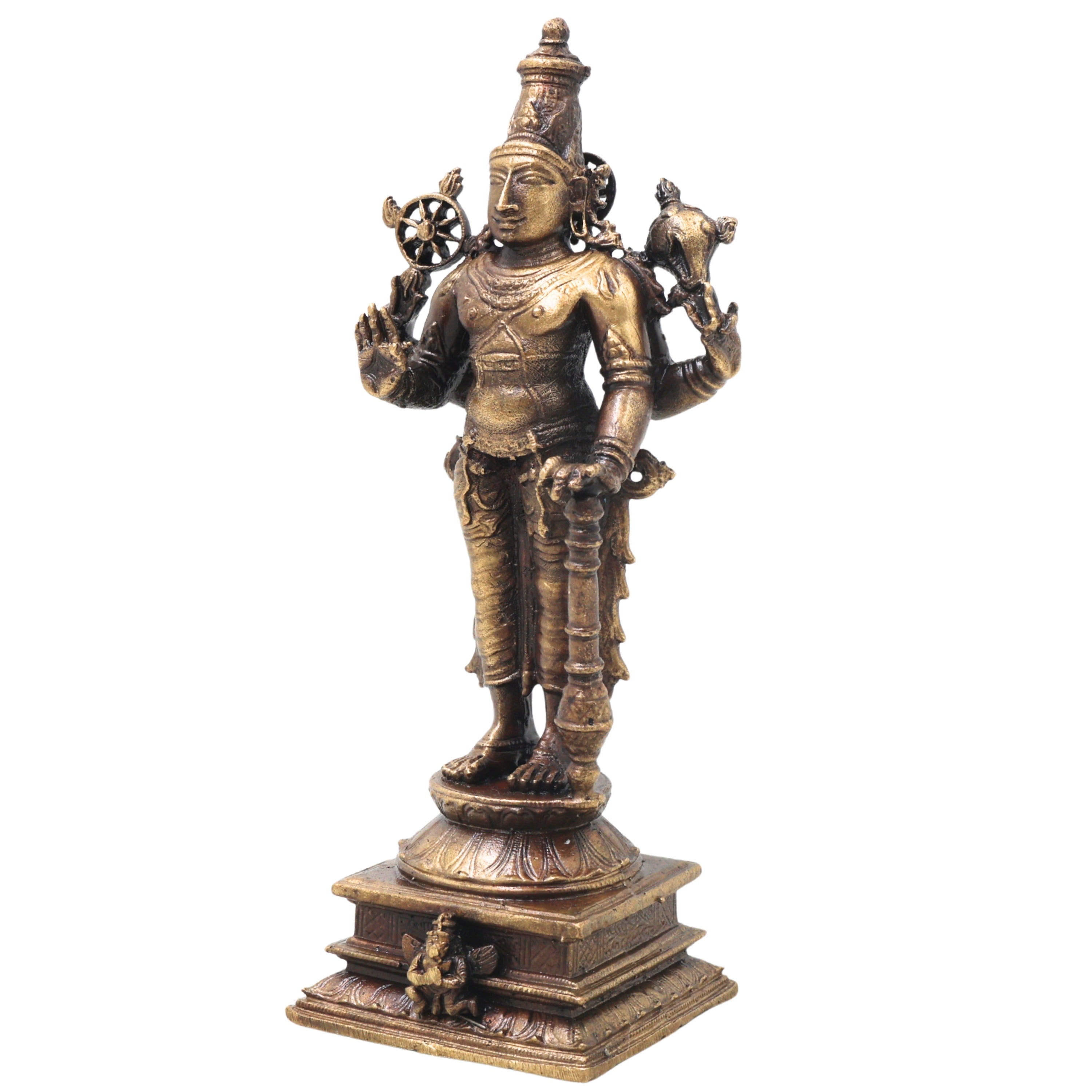 Brass Vishnu Idol Handcrafted Narayana Govinda Murti Traditional Chola Sculpture for Pooja Home Decor Gifting, Gold, 5 Inch, 1 Piece