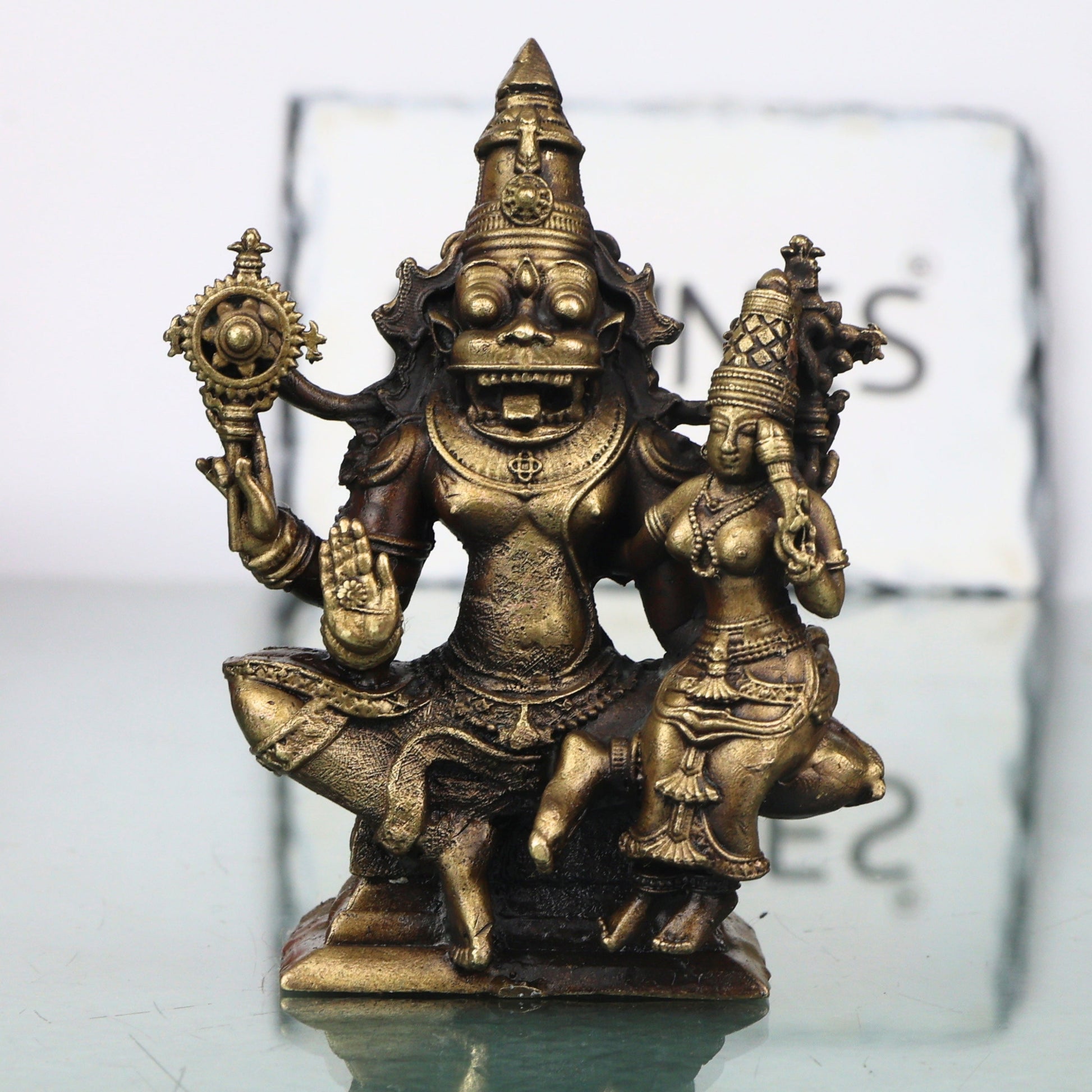 Brass Lakshmi Narasimha Idol Handcrafted Narahari Murti Traditional Chola Sculpture for Pooja, Decor & Gifting, Gold, 3 Inch, 1 Piece
