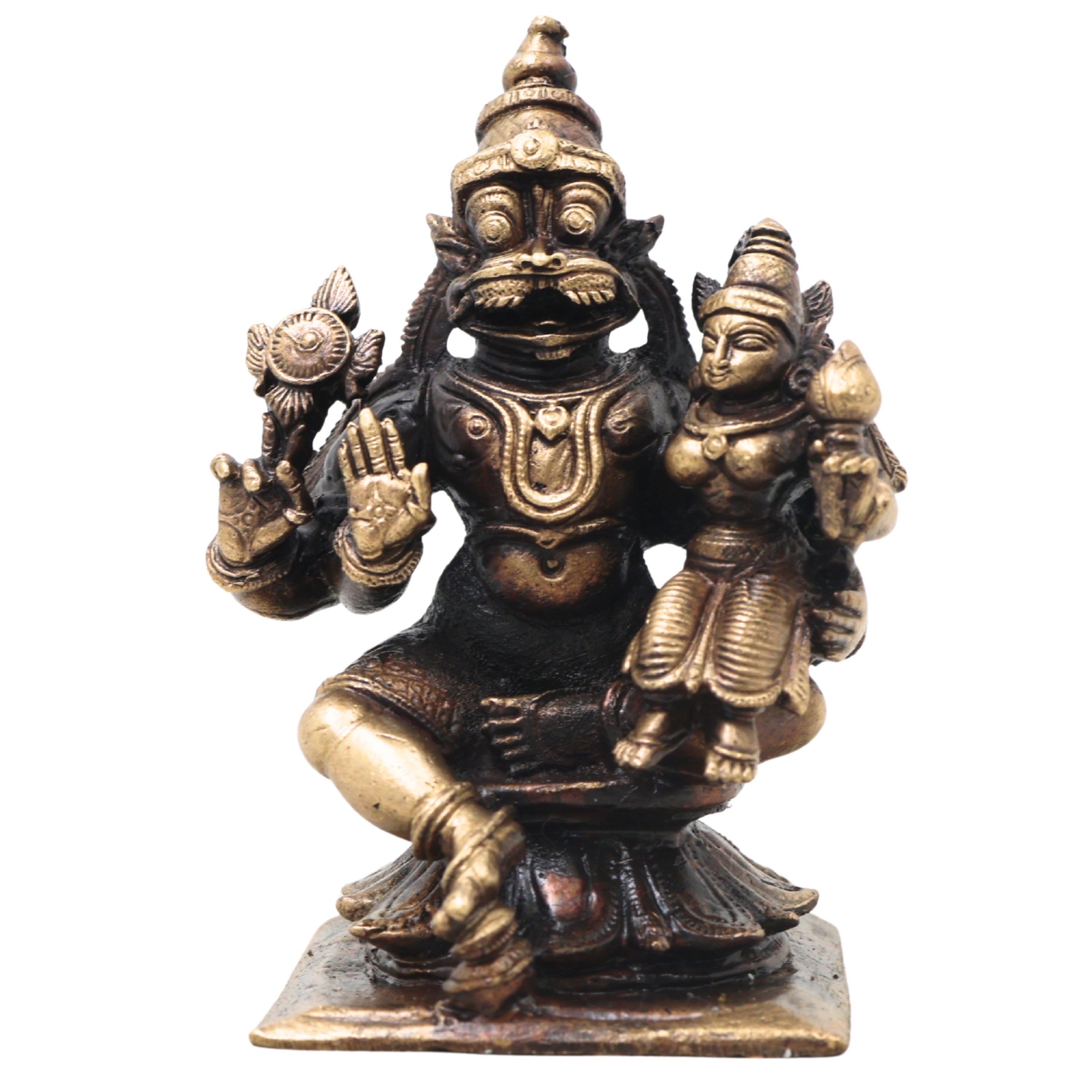 Brass Lakshmi Narasimha Idol, Handcrafted Narahari Swamy Traditional Chola Murti for Pooja, Decor & Gifting , Gold, 3 Inch, 1 Piece