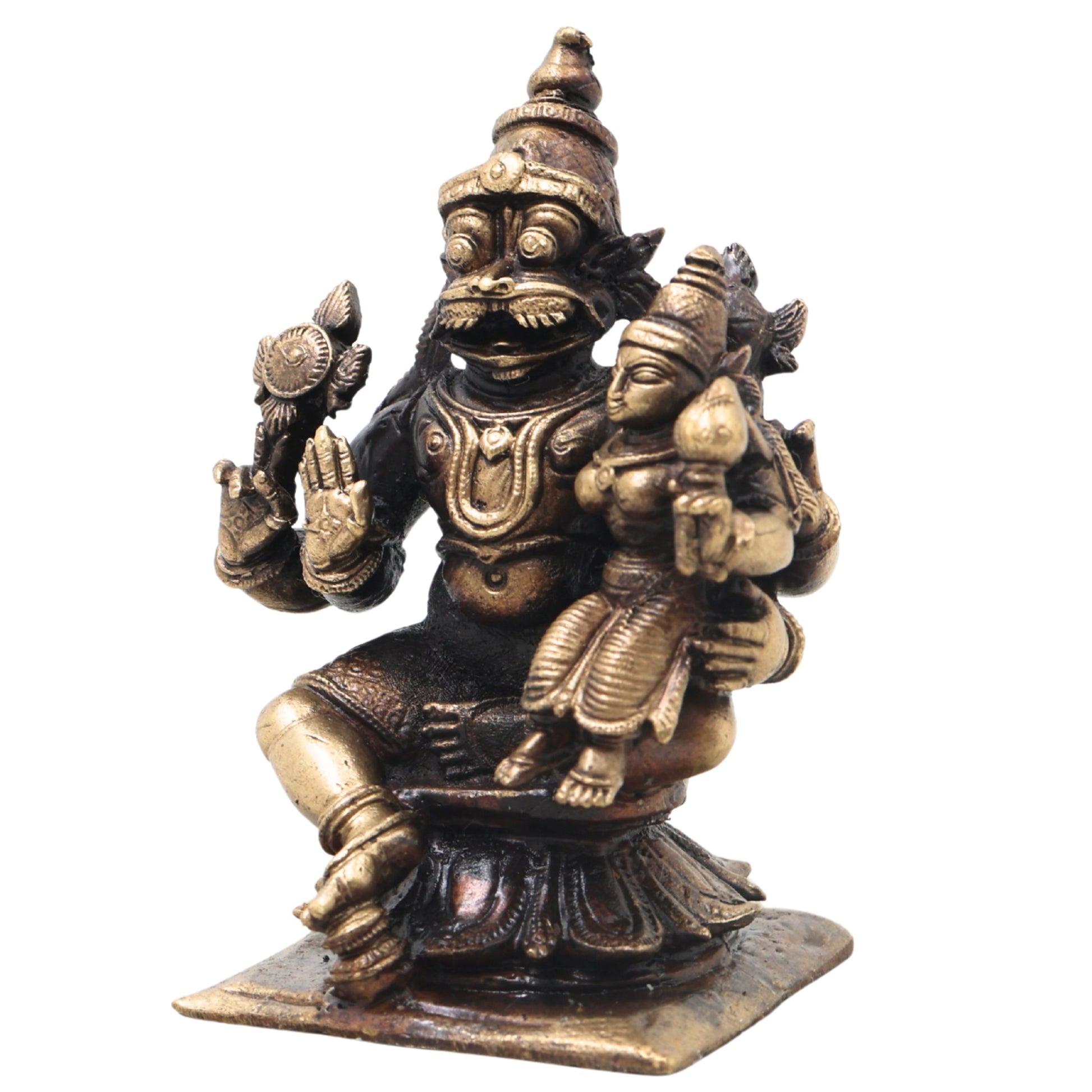 Brass Lakshmi Narasimha Idol, Handcrafted Narahari Swamy Traditional Chola Murti for Pooja, Decor & Gifting , Gold, 3 Inch, 1 Piece