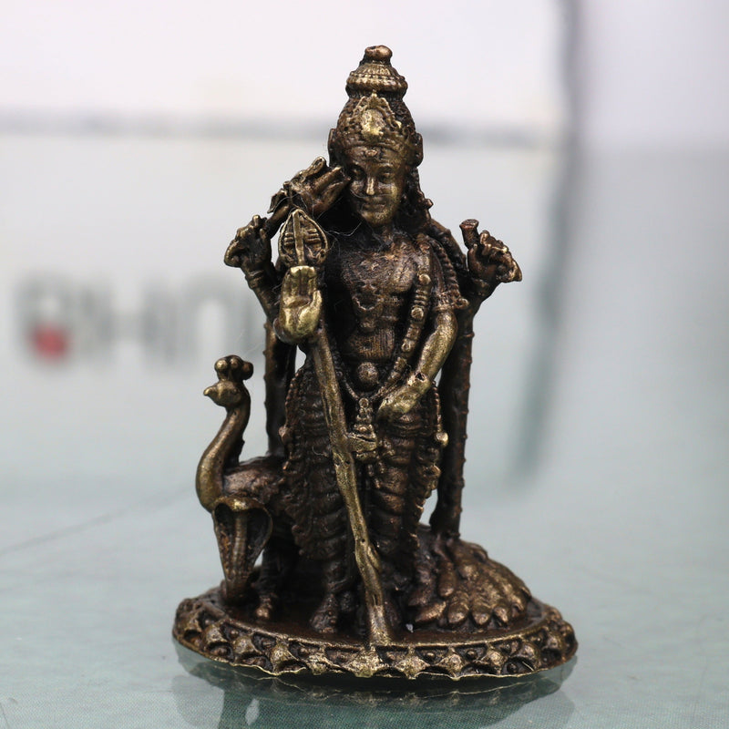Brass Kartikeya Idol Handcrafted Murugan Subrahmanya Skanda Murti Traditional Chola Pooja Decor Gift Statue, Gold, 1.5 Inch, 1 Piece