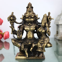 Brass Lakshmi Narasimha Idol, Handcrafted Traditional Narahari Swamy Murti for Pooja, Home Decor & Gifting, Gold, 5 Inch, 1 Piece