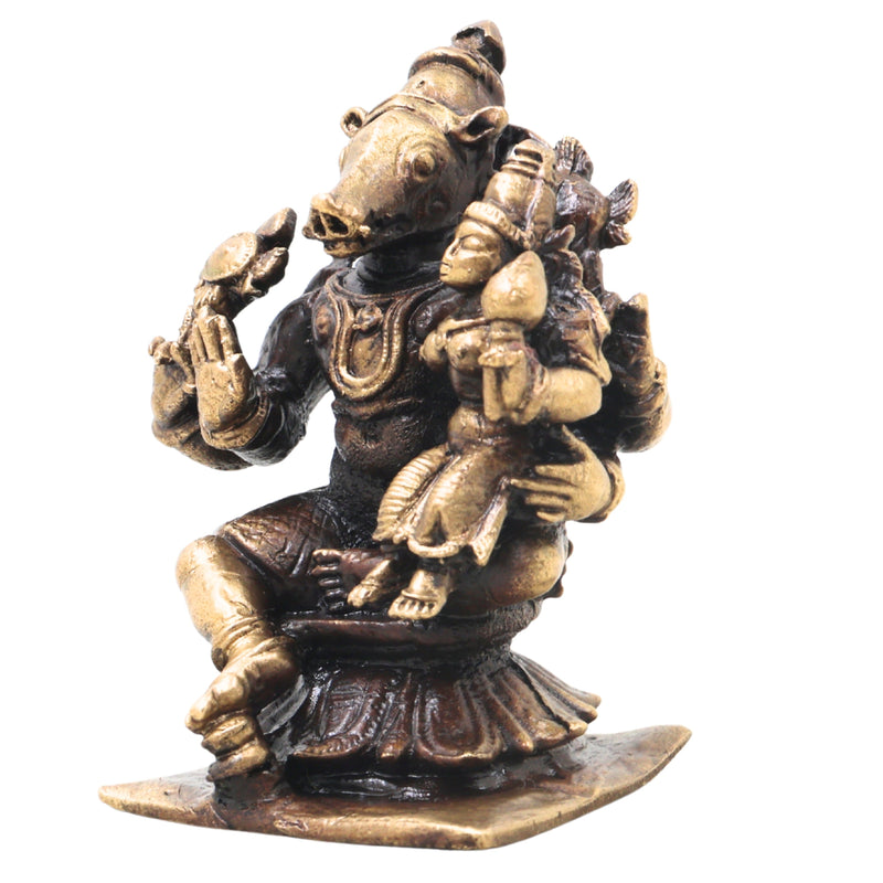 Brass Lakshmi Narasimha Idol, Handcrafted Narahari Murti Traditional Chola Art for Pooja, Decor & Gifting, Gold, 3 Inch, 1 Piece