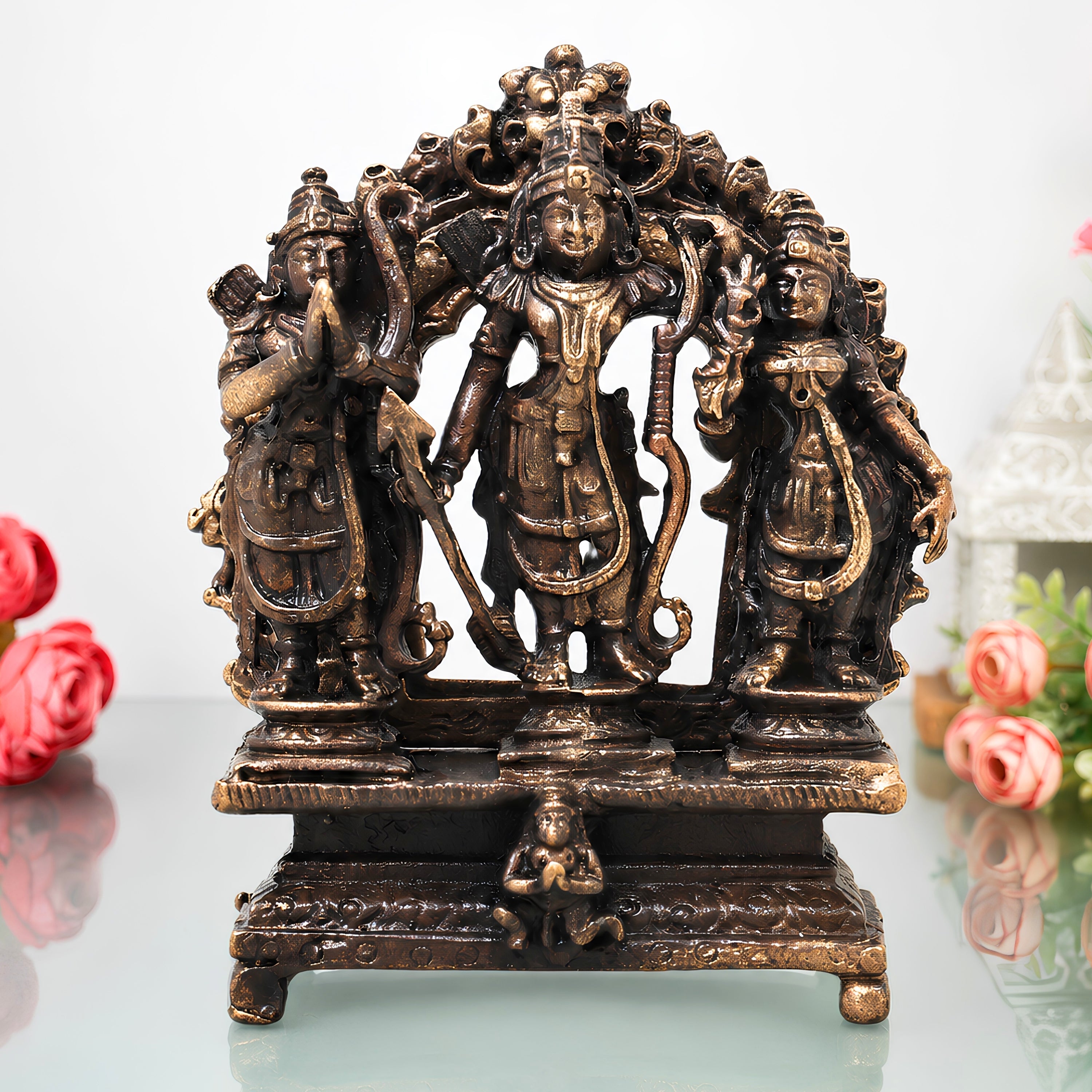 Brass Ram Darbar Idol, Handcrafted Shri Ram Parivar Murti Traditional Chola Style for Pooja, Home Decor & Gifting, Gold, 3 Inch, 1 Piece
