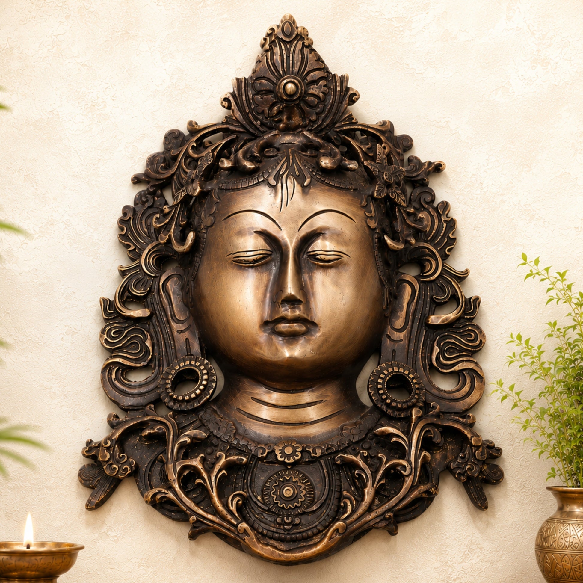 Brass Tara Devi Mask Wall Hanging Handcrafted Mahavidya Goddess Face for Pooja, Home Decor & Spiritual Gifting, Gold, 11.5 Inch, 1 Piece