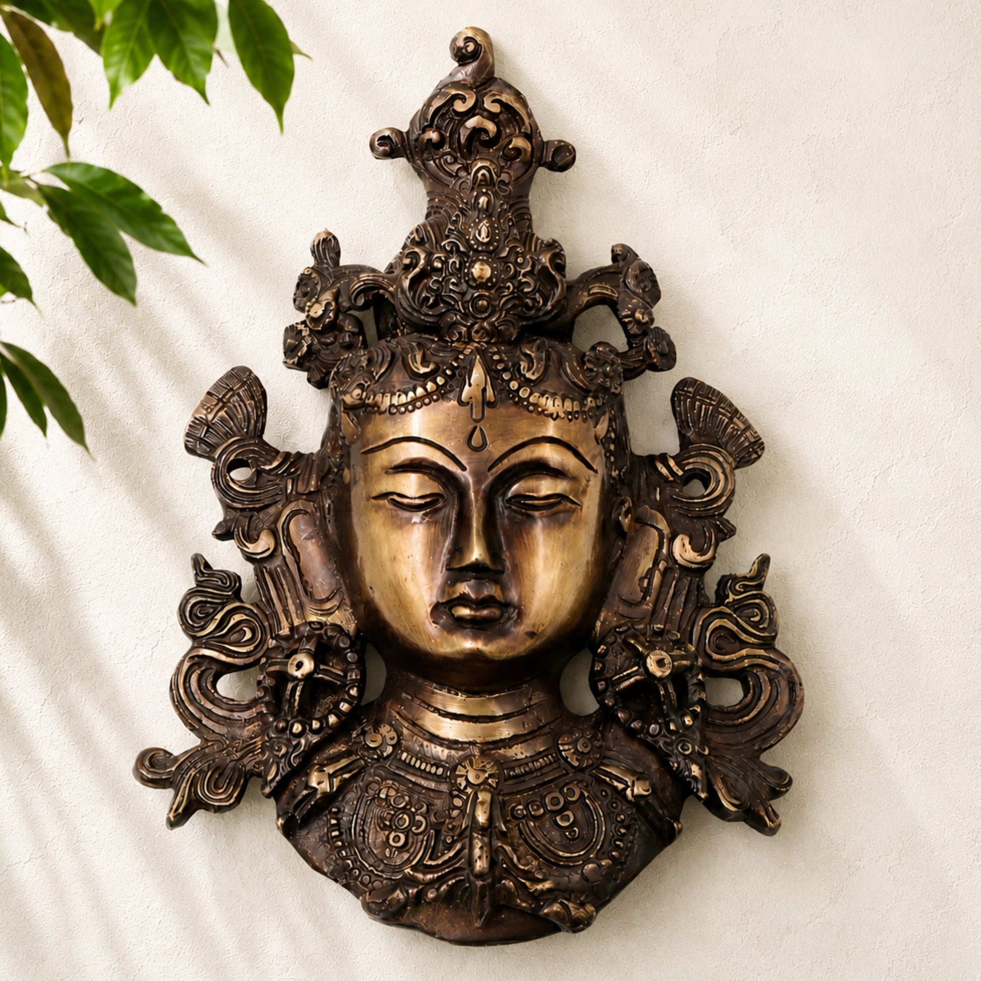 Brass Tara Devi Mask Wall Hanging, Handcrafted Mahavidya Goddess Face Decor for Pooja, Temple & Gifting, Gold, 8.5 Inch, 1 Piece