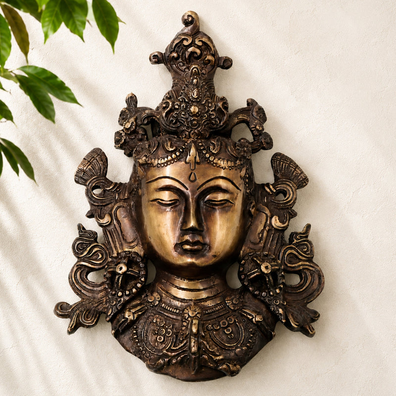 Brass Tara Devi Mask Wall Hanging, Handcrafted Mahavidya Goddess Face Decor for Pooja, Temple & Gifting, Gold, 8.5 Inch, 1 Piece
