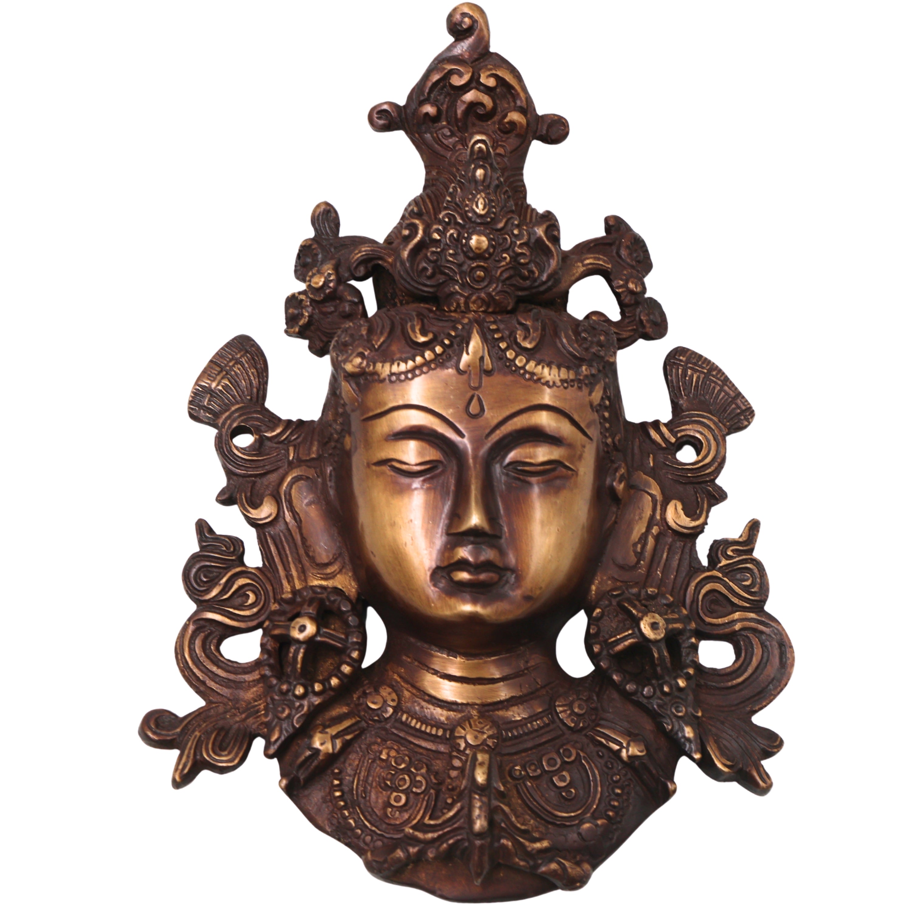 Brass Tara Devi Mask Wall Hanging, Handcrafted Mahavidya Goddess Face Decor for Pooja, Temple & Gifting, Gold, 8.5 Inch, 1 Piece