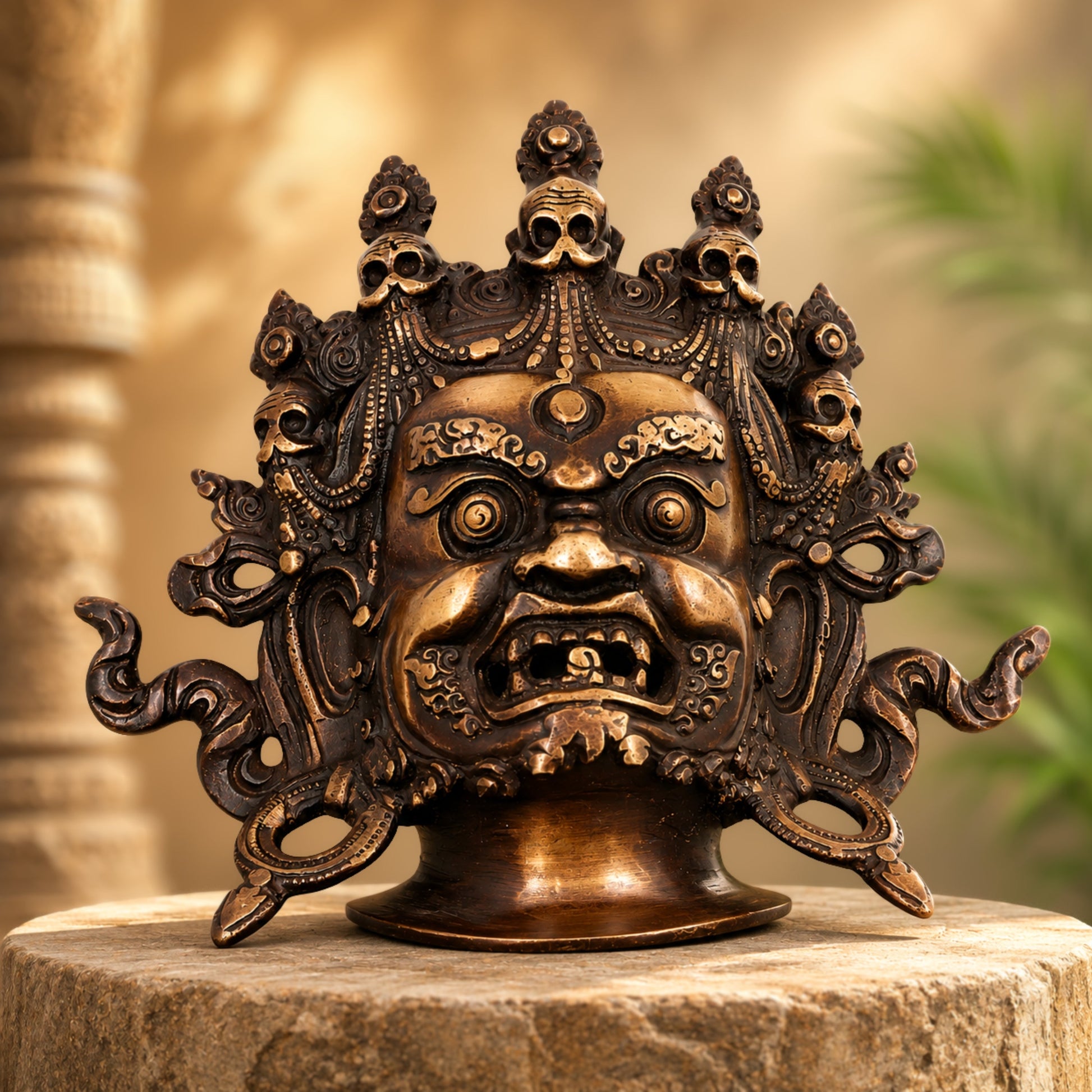 Brass Kala Bhairava Face Handcrafted Wall Hanging, Traditional Bhairavnath Decor for Pooja, Temple & Gifting, Gold, 7.5 Inch, 1 Piece