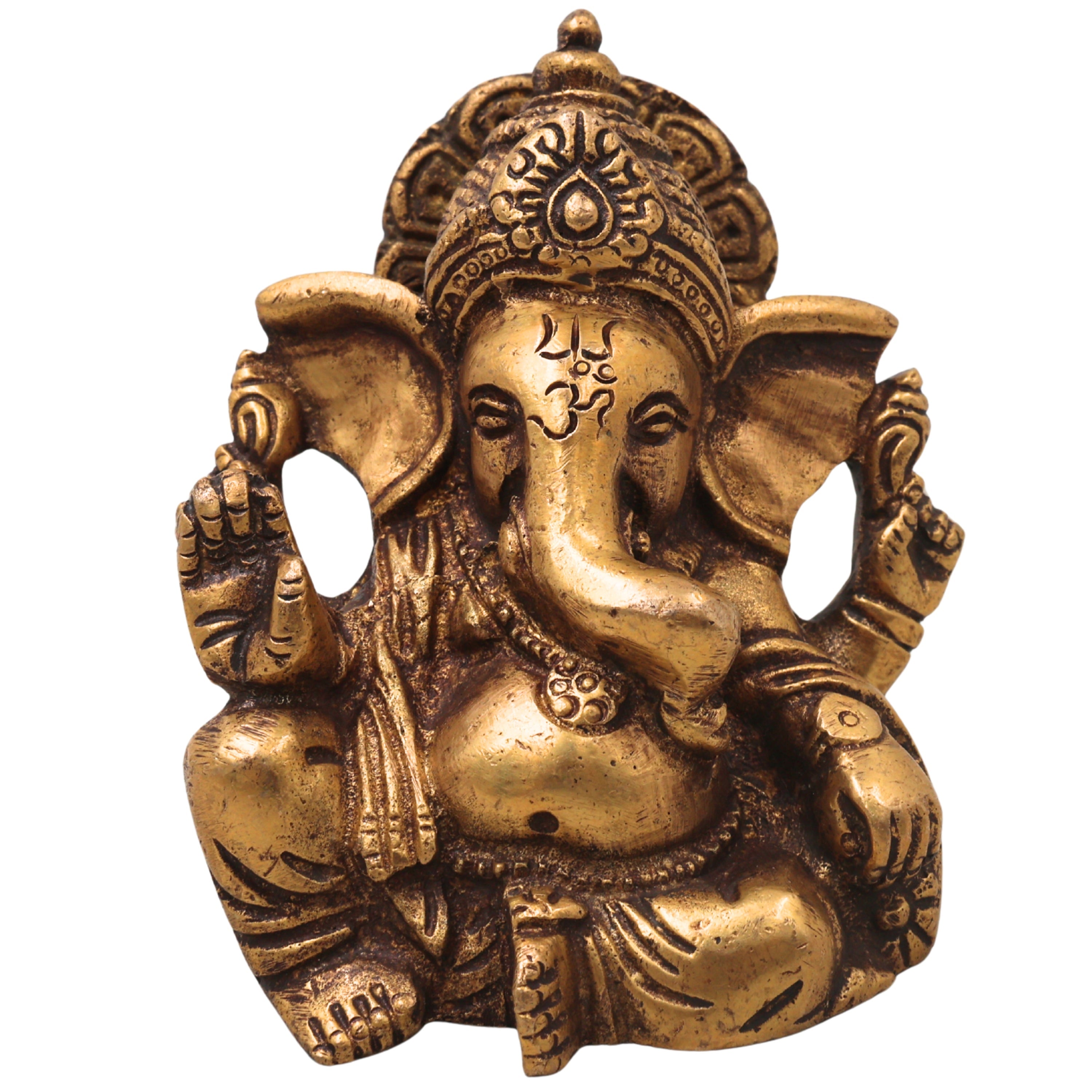 Brass Ganapati Vinayaka Idol Handcrafted Traditional Takiya Ganesha Murti for Pooja Home Decor & Gifting, Gold, 4 Inch, 1 Piece