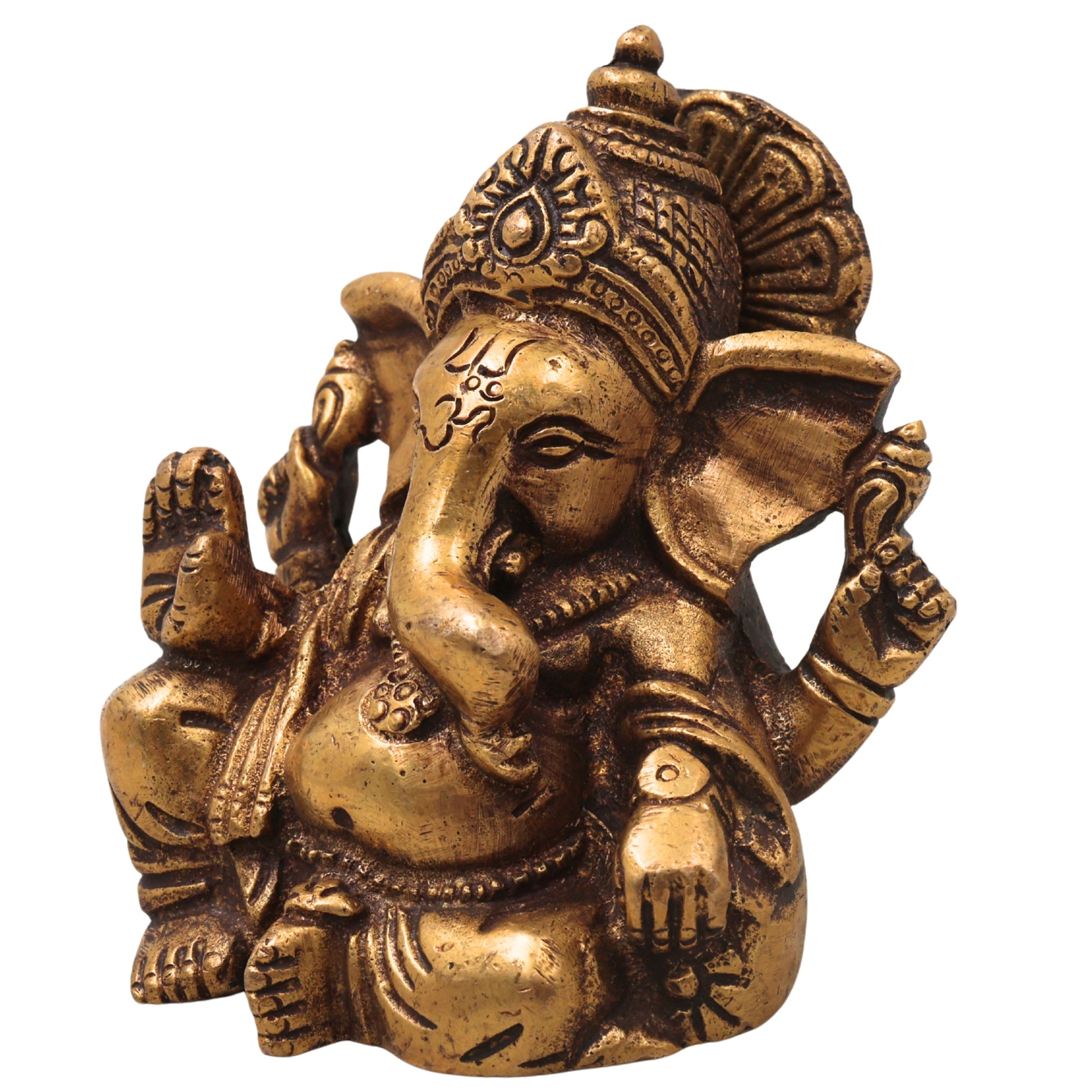 Brass Ganapati Vinayaka Idol Handcrafted Traditional Takiya Ganesha Murti for Pooja Home Decor & Gifting, Gold, 4 Inch, 1 Piece
