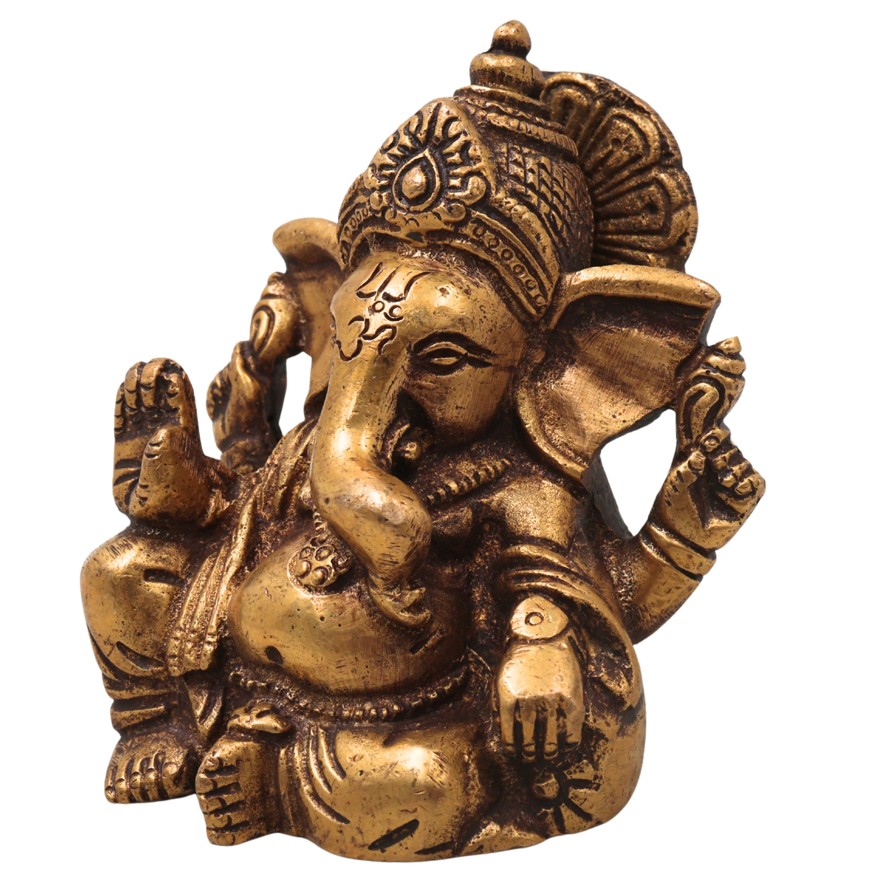 Brass Ganapati Vinayaka Idol Handcrafted Traditional Takiya Ganesha Murti for Pooja Home Decor & Gifting, Gold, 4 Inch, 1 Piece