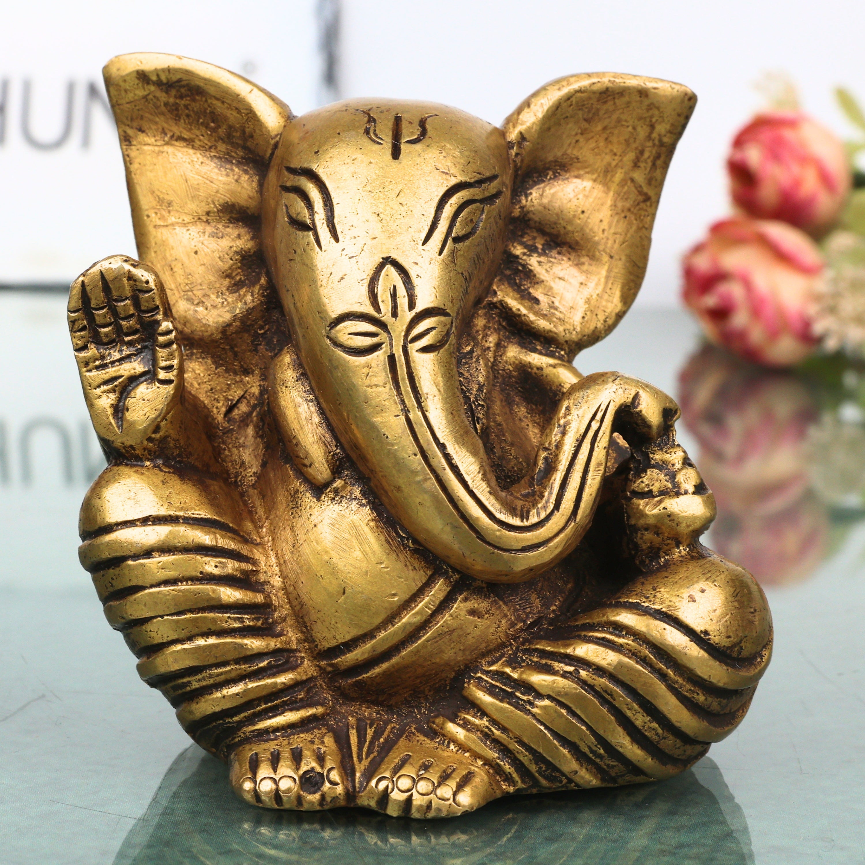 Brass Ganapati Idol Handcrafted Traditional Chola Style Vinayaka Murti for Pooja Home Decor & Gifting, Gold, 3 Inch, 1 Piece