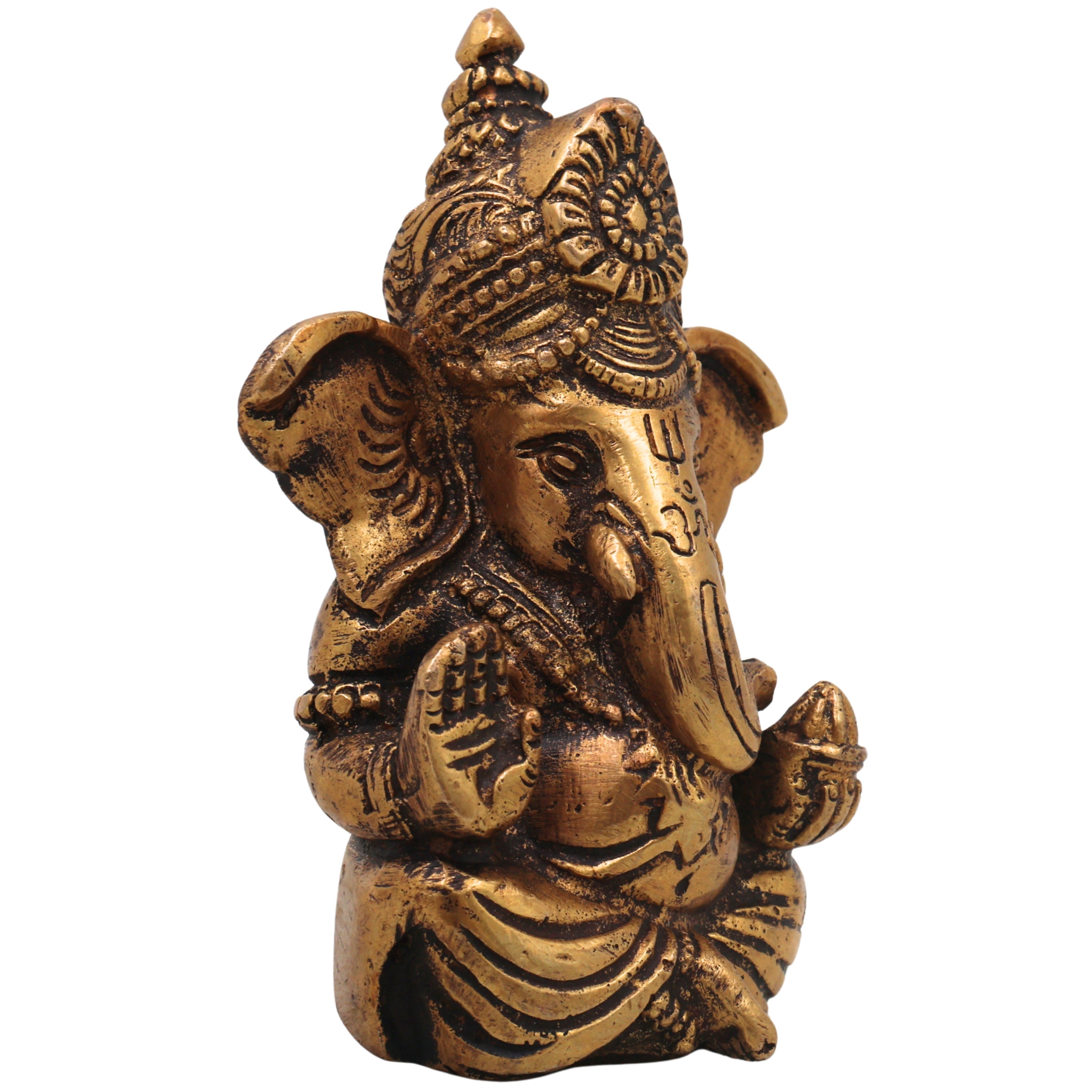 Brass Ganapati Idol Handcrafted Traditional Chola Style Vinayaka Murti for Pooja Home Decor & Gifting, Gold, 4 Inch, 1 Piece