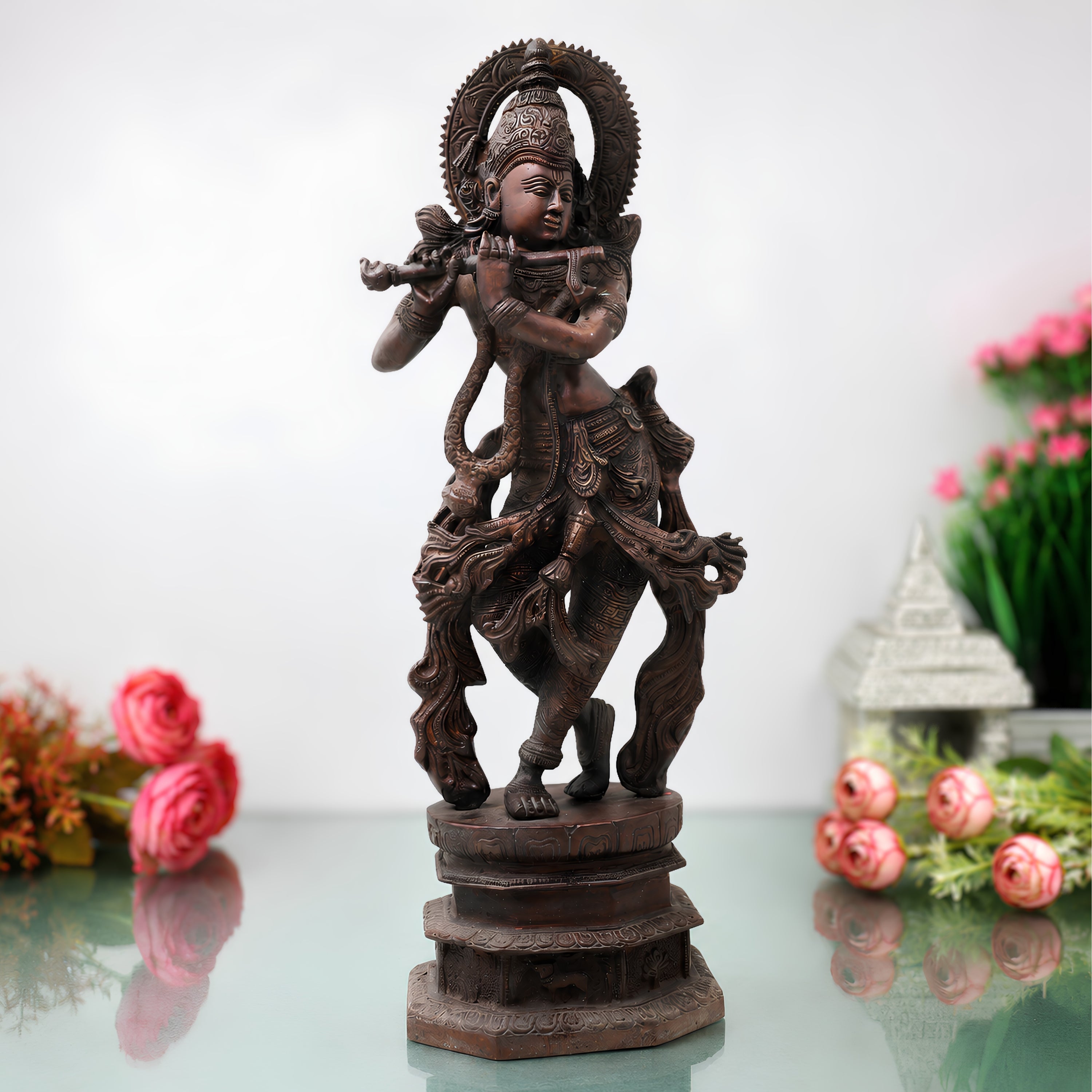 Handcrafted Brass Venugopala Krishna Murti, Traditional Chola Vigraha for Pooja, Home Decor & Gifting, Gold, 17.5 Inch, 1 Piece