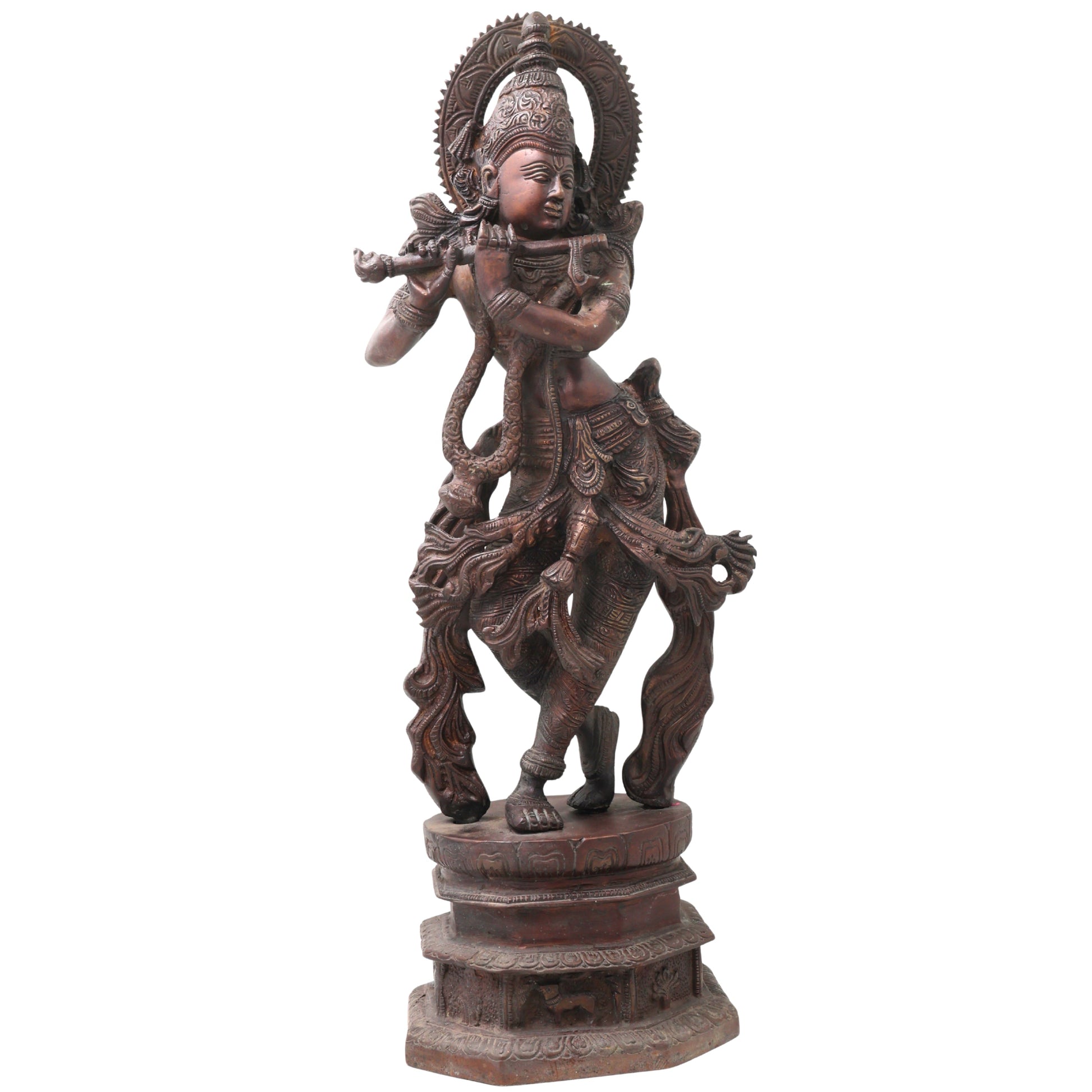Handcrafted Brass Venugopala Krishna Murti, Traditional Chola Vigraha for Pooja, Home Decor & Gifting, Gold, 17.5 Inch, 1 Piece