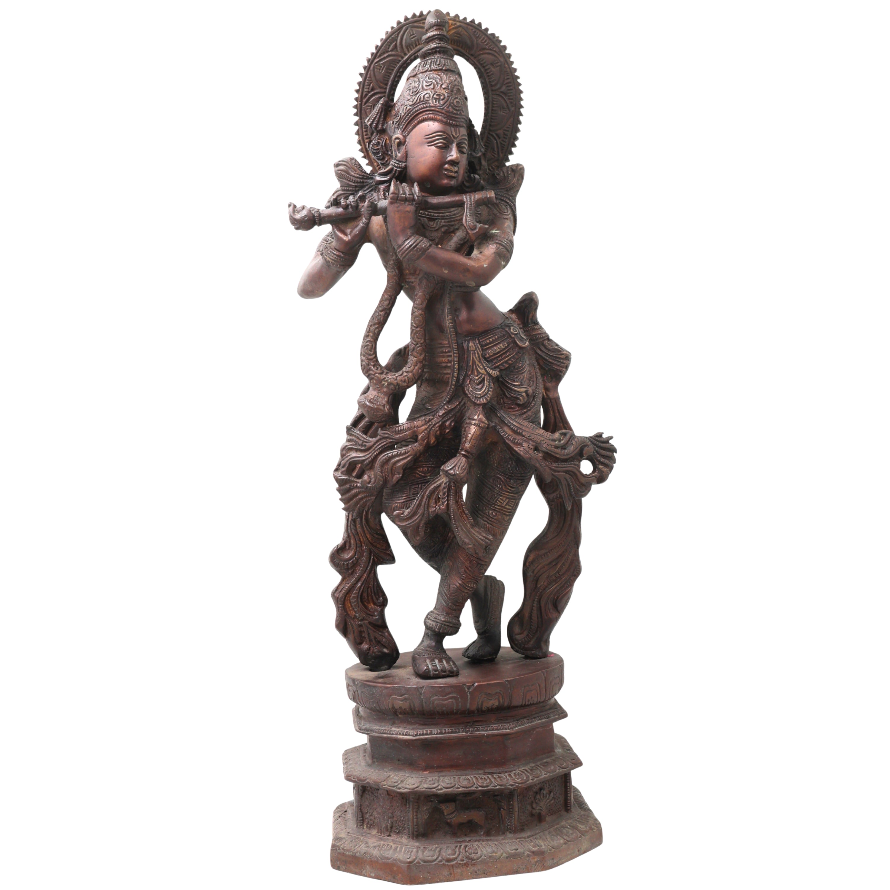 Handcrafted Brass Venugopala Krishna Murti, Traditional Chola Vigraha for Pooja, Home Decor & Gifting, Gold, 17.5 Inch, 1 Piece