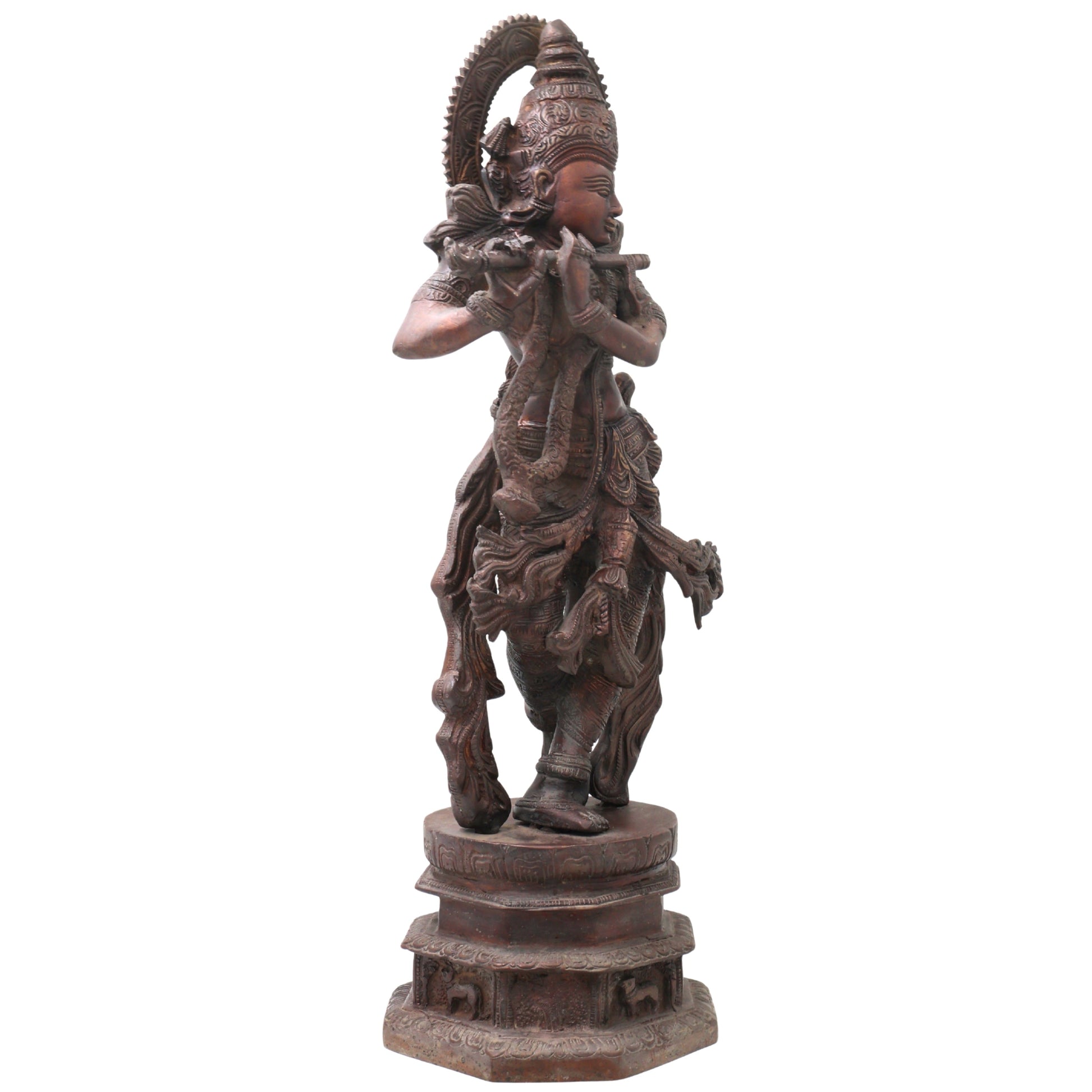 Handcrafted Brass Venugopala Krishna Murti, Traditional Chola Vigraha for Pooja, Home Decor & Gifting, Gold, 17.5 Inch, 1 Piece