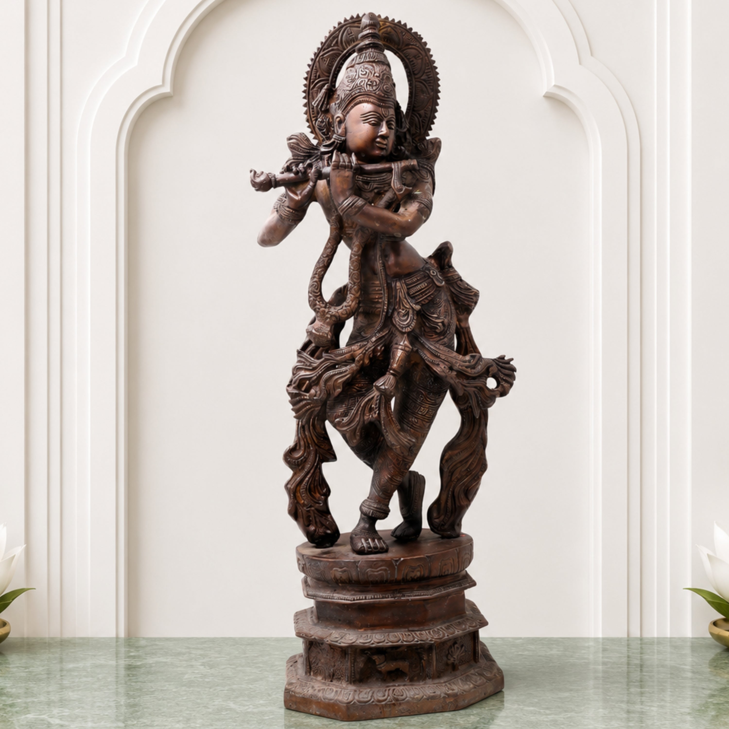 Handcrafted Brass Venugopala Krishna Murti, Traditional Chola Vigraha for Pooja, Home Decor & Gifting, Gold, 17.5 Inch, 1 Piece