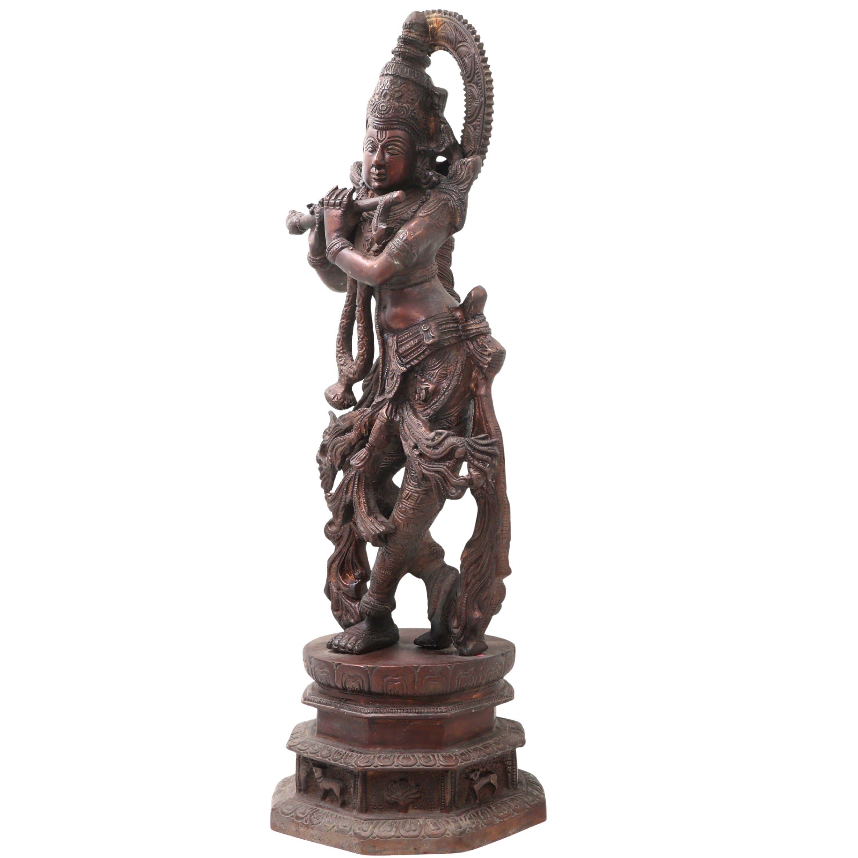 Handcrafted Brass Venugopala Krishna Murti, Traditional Chola Vigraha for Pooja, Home Decor & Gifting, Gold, 17.5 Inch, 1 Piece
