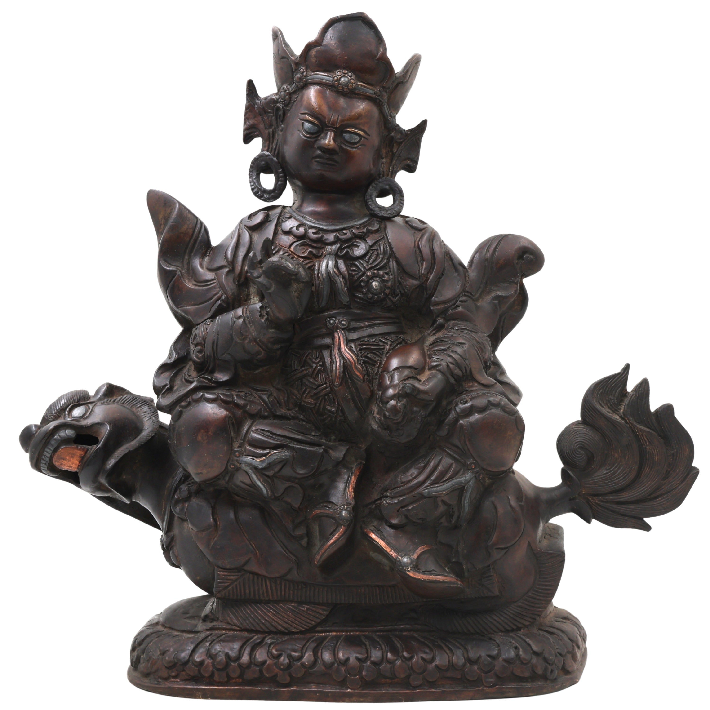 Brass Kuber On Dragon Idol Statue, Handcrafted Kubera Vaishravana Murti for Pooja, Vastu Decor & Gifting, Silver And Copper, 10 Inch, 1 Piece