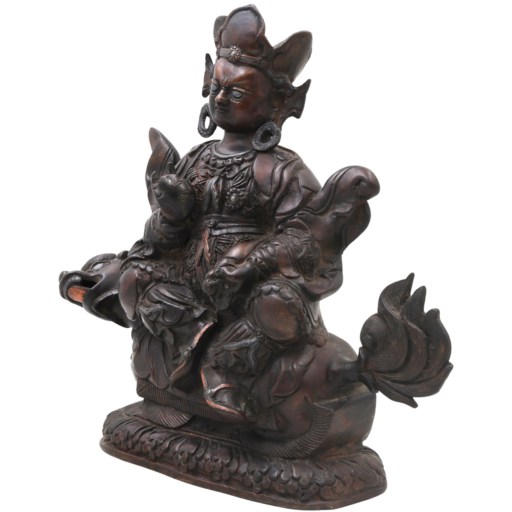 Brass Kuber On Dragon Idol Statue, Handcrafted Kubera Vaishravana Murti for Pooja, Vastu Decor & Gifting, Silver And Copper, 10 Inch, 1 Piece