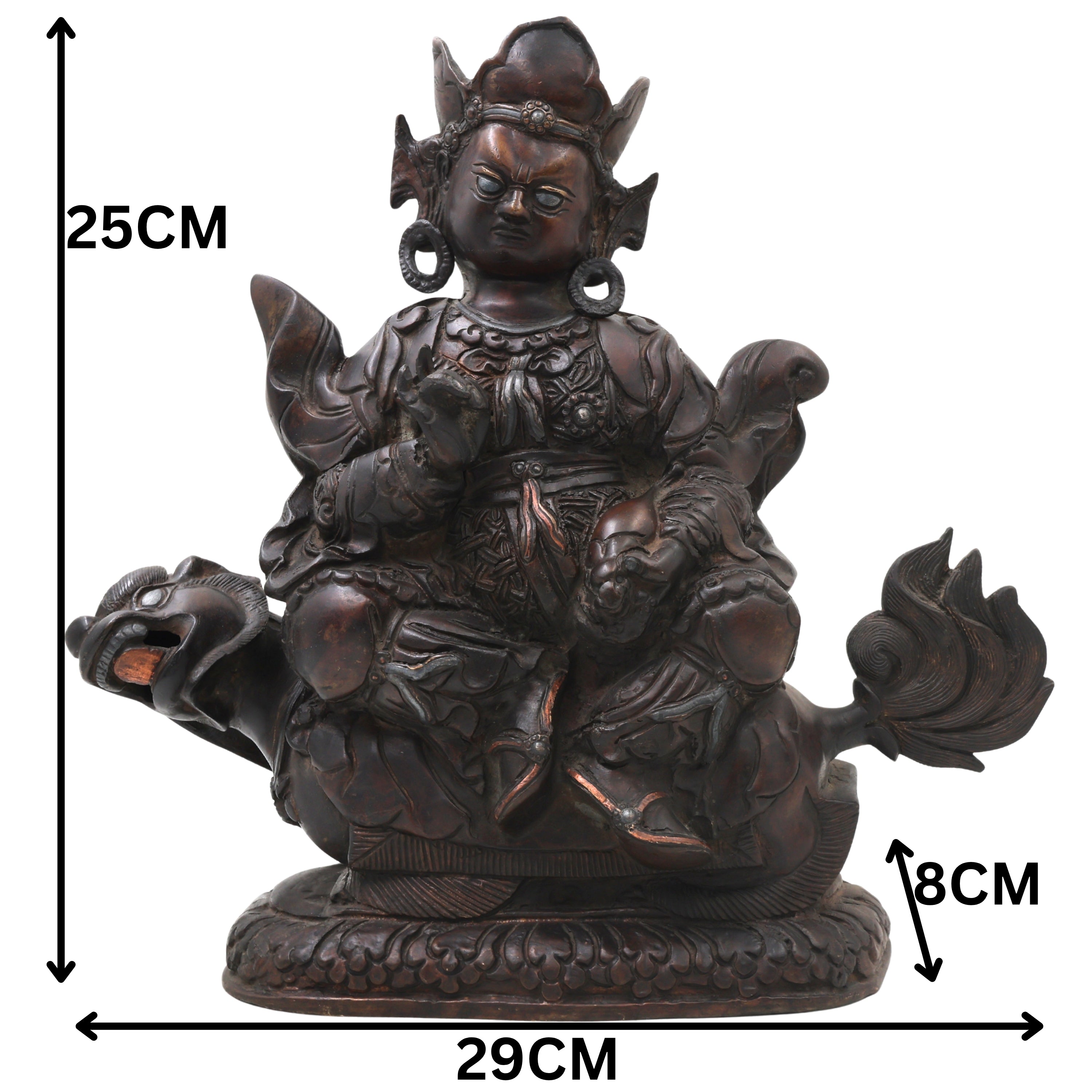 Brass Kuber On Dragon Idol Statue, Handcrafted Kubera Vaishravana Murti for Pooja, Vastu Decor & Gifting, Silver And Copper, 10 Inch, 1 Piece