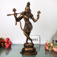 Brass Lord Krishna Idol Handcrafted Murti Traditional Venugopala Chola Style Statue for Pooja, Home Decor & Gifting, Gold, 18.5 Inch, 1 Piece