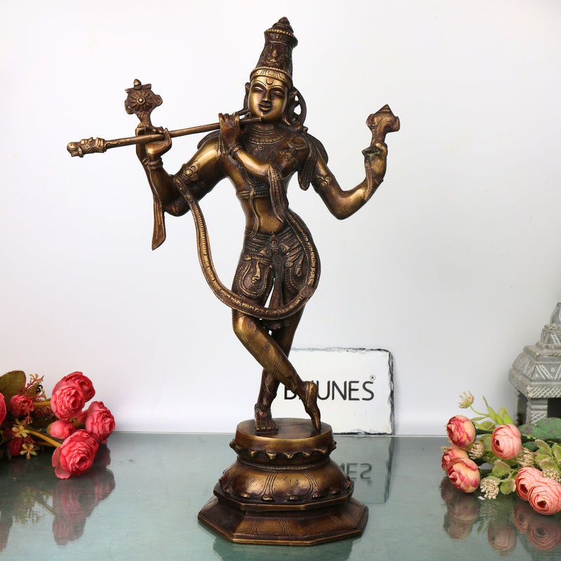 Brass Lord Krishna Idol Handcrafted Murti Traditional Venugopala Chola Style Statue for Pooja, Home Decor & Gifting, Gold, 18.5 Inch, 1 Piece
