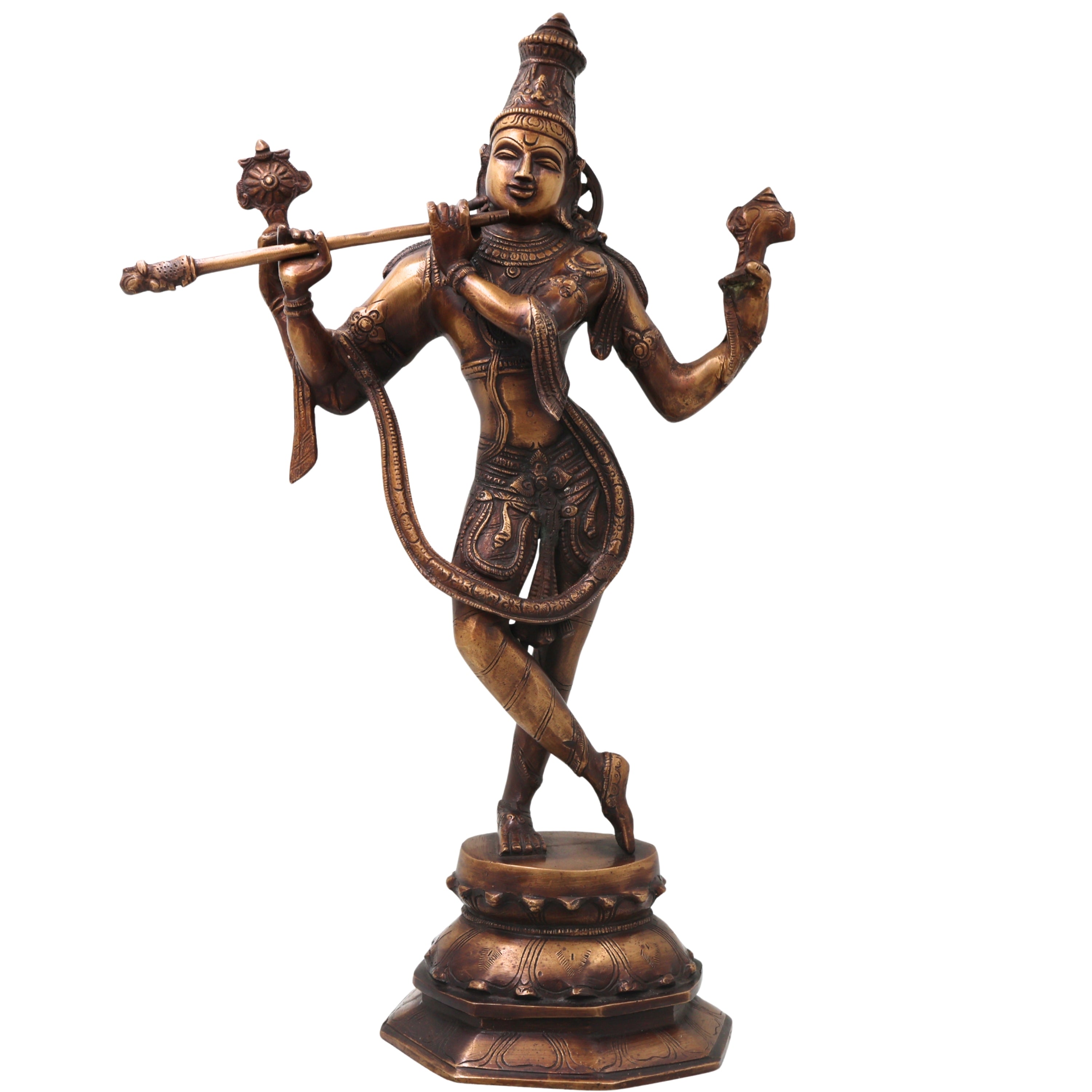 Brass Lord Krishna Idol Handcrafted Murti Traditional Venugopala Chola Style Statue for Pooja, Home Decor & Gifting, Gold, 18.5 Inch, 1 Piece