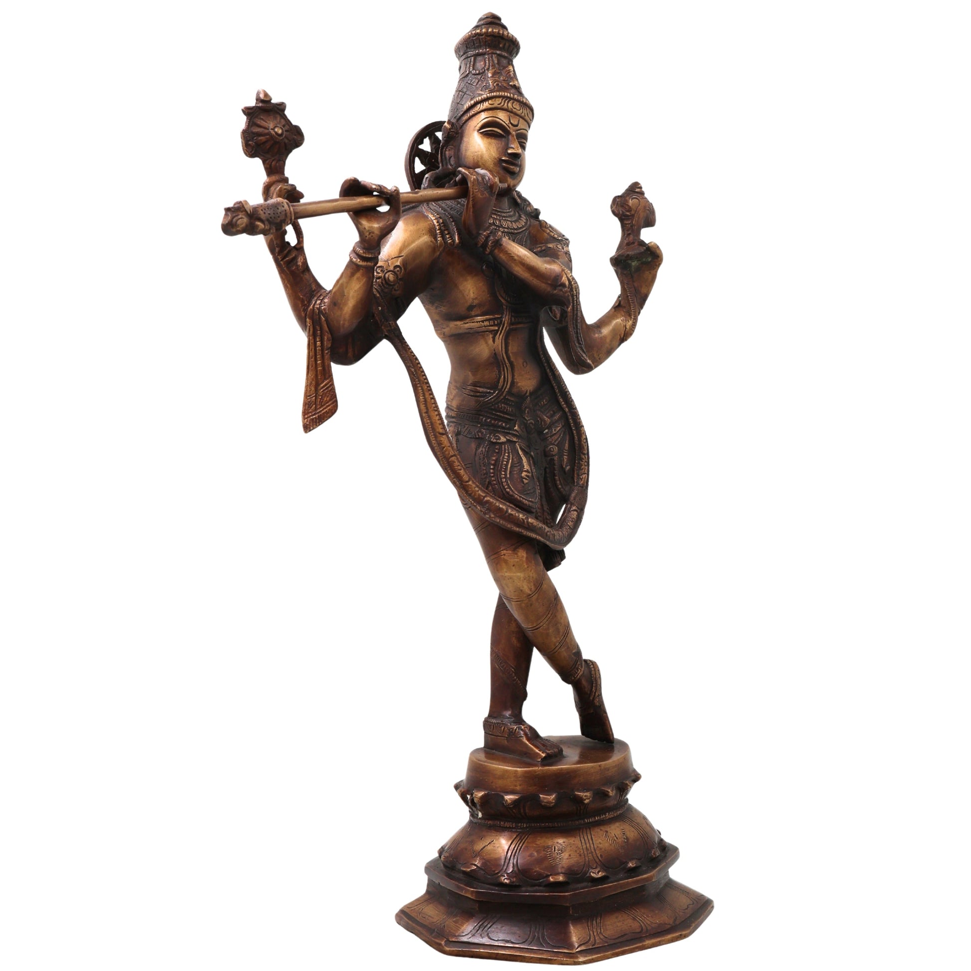 Brass Lord Krishna Idol Handcrafted Murti Traditional Venugopala Chola Style Statue for Pooja, Home Decor & Gifting, Gold, 18.5 Inch, 1 Piece
