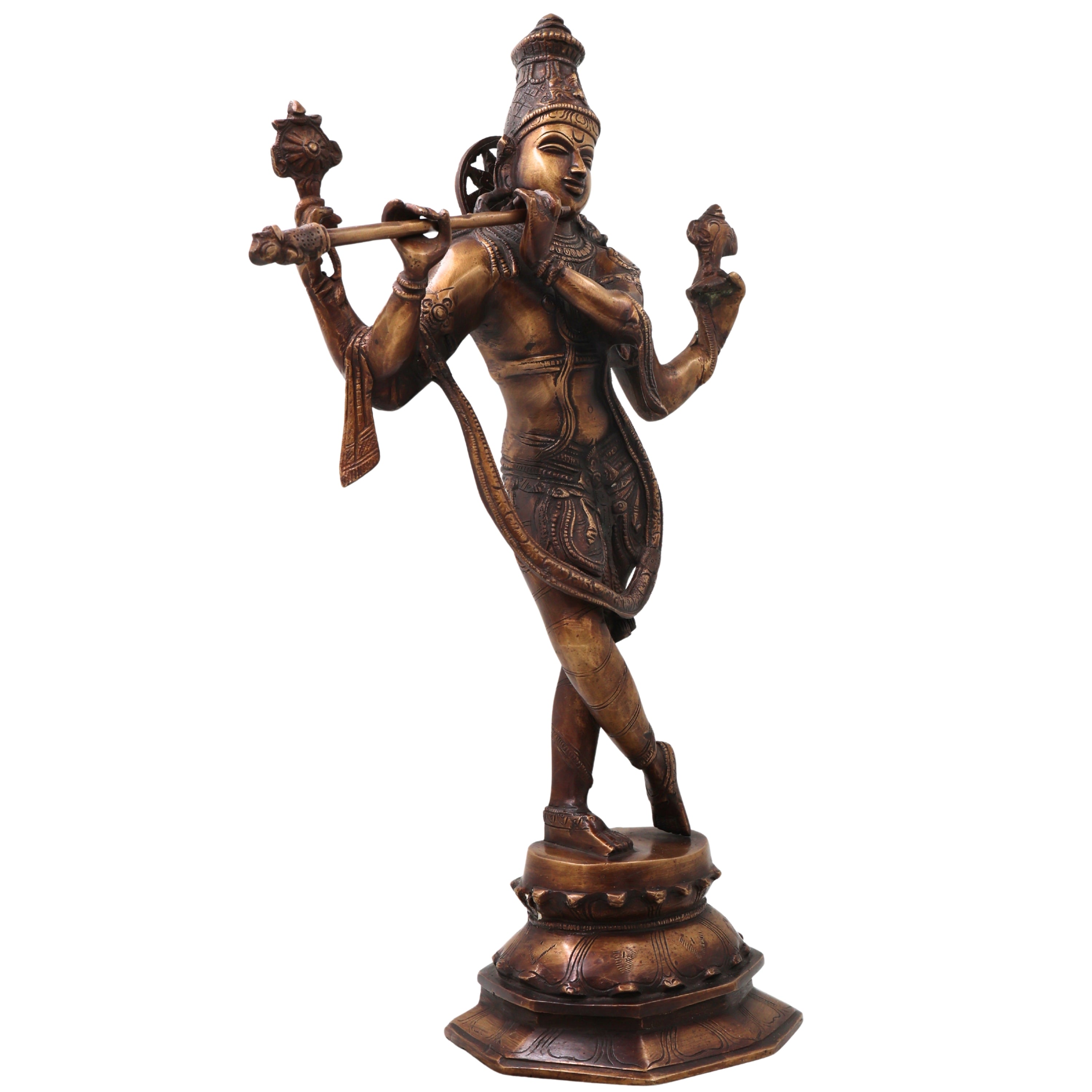 Brass Lord Krishna Idol Handcrafted Murti Traditional Venugopala Chola Style Statue for Pooja, Home Decor & Gifting, Gold, 18.5 Inch, 1 Piece