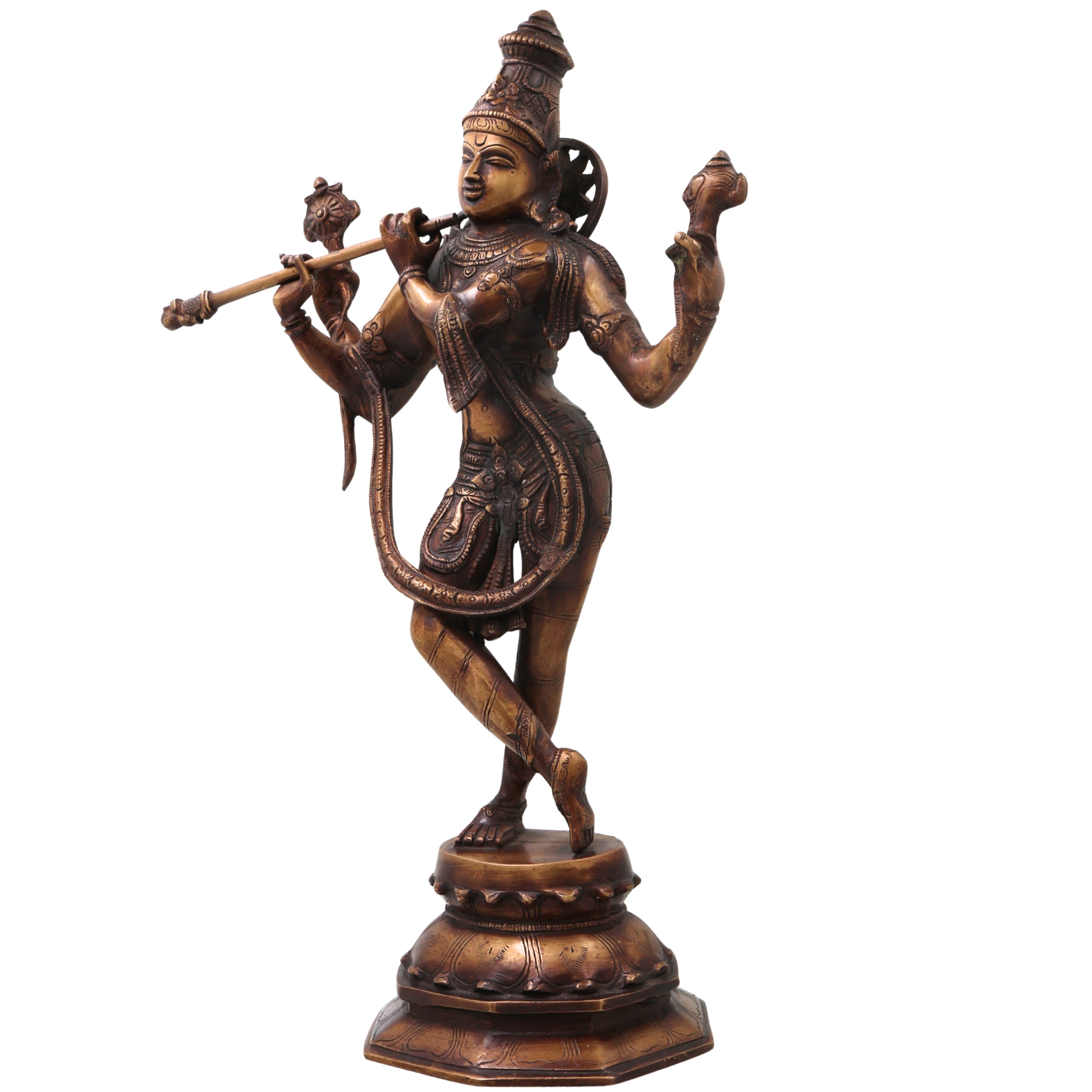 Brass Lord Krishna Idol Handcrafted Murti Traditional Venugopala Chola Style Statue for Pooja, Home Decor & Gifting, Gold, 18.5 Inch, 1 Piece