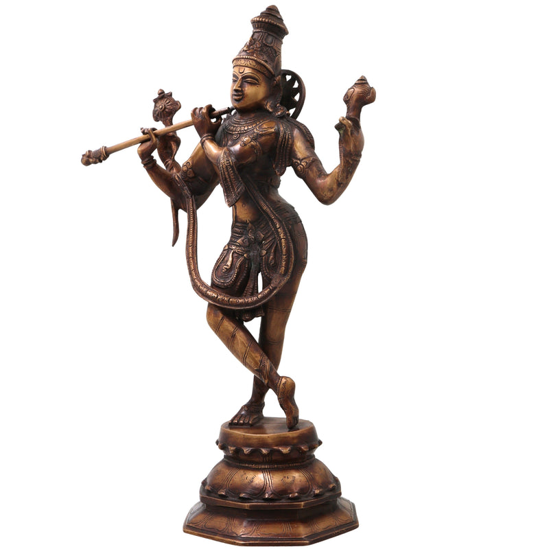 Brass Lord Krishna Idol Handcrafted Murti Traditional Venugopala Chola Style Statue for Pooja, Home Decor & Gifting, Gold, 18.5 Inch, 1 Piece